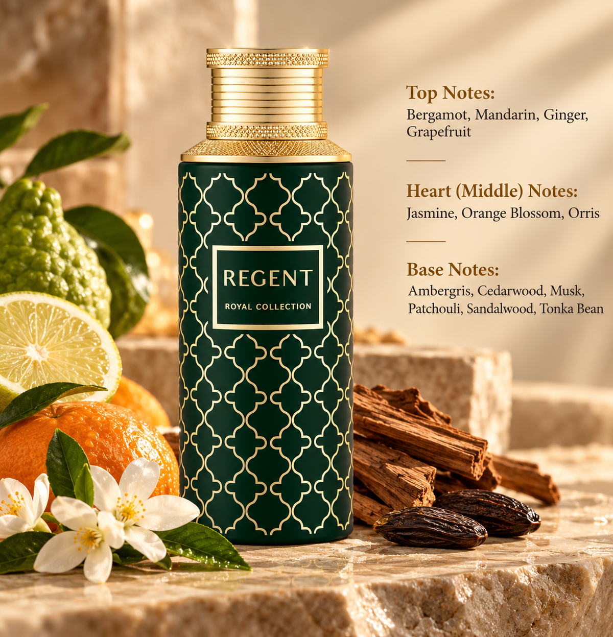 Maison Asrar Regent Royal Collection 100ml Eau de Parfum displayed on elegant beige marble with fresh citrus fruits, orange blossoms, cedarwood and tonka beans. A sophisticated citrus, floral and woody fragrance featuring bergamot, mandarin, ginger, jasmine, ambergris, sandalwood and musk.
