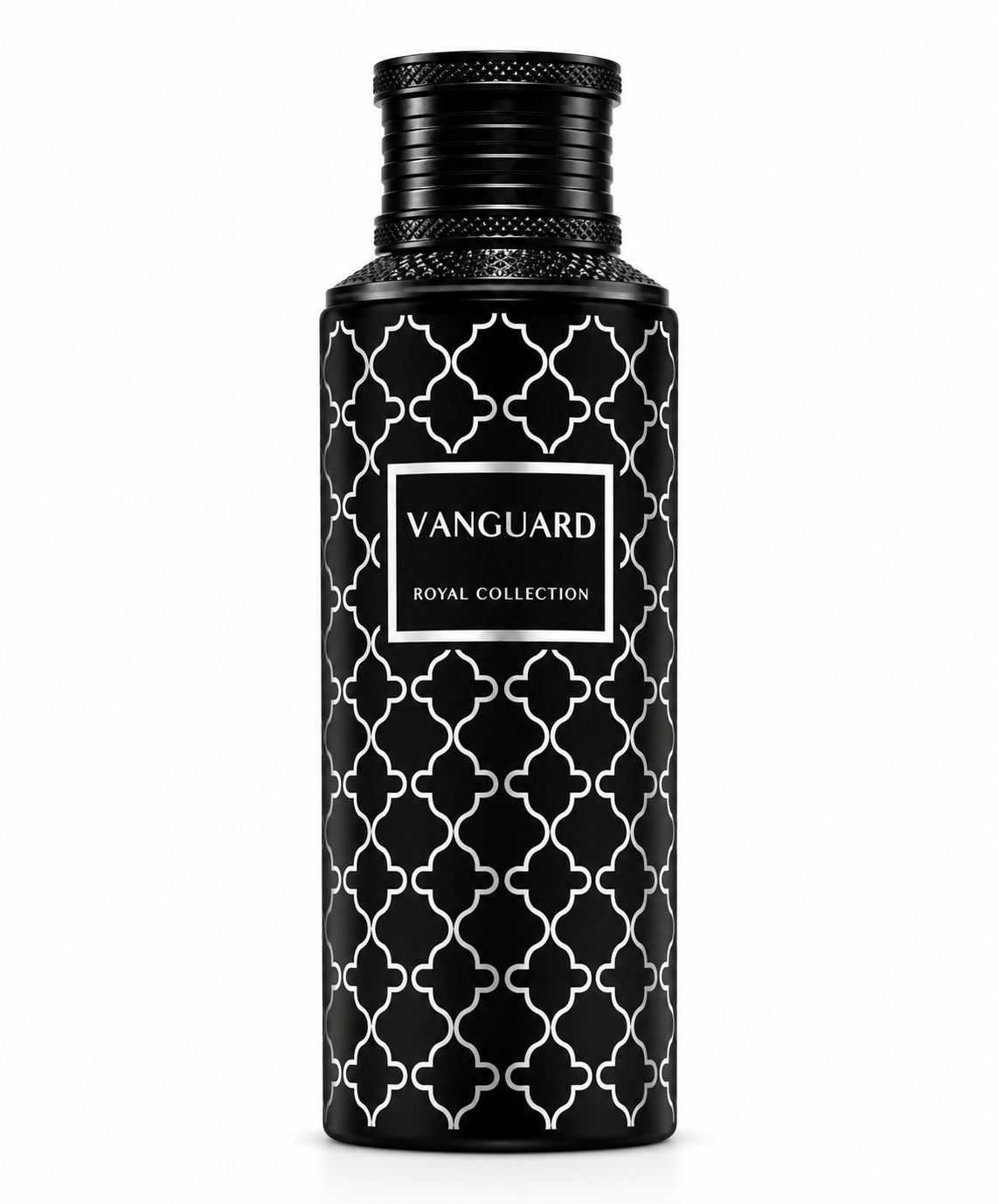 Maison Asrar Vanguard Royal Collection 100ml Eau de Parfum featuring a luxurious matte black bottle with elegant silver geometric patterns, a textured black cap and refined Vanguard lettering. Premium Arabian perfume photographed against a pure white background.