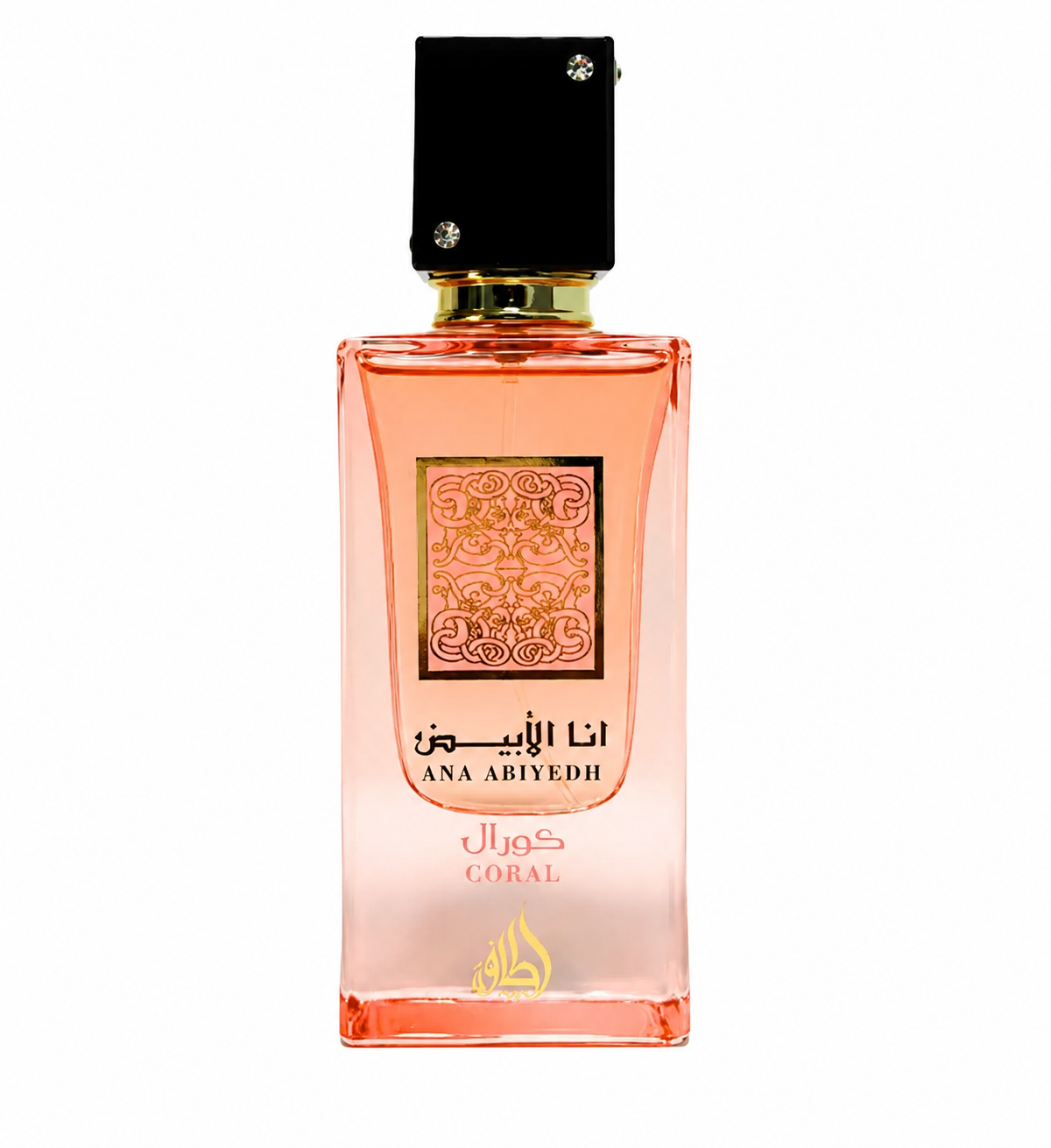 Lattafa Ana Abiyedh Coral Eau de Parfum in an elegant coral-pink transparent glass bottle with a luxurious black cap, gold accents, and an ornate decorative front panel, presented on a clean white background. Premium feminine fragrance showcased in a high-resolution studio product image.