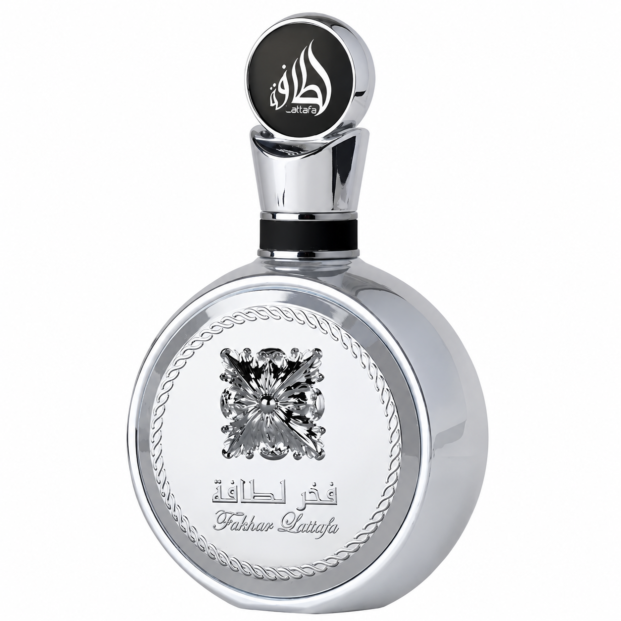Lattafa Fakhar Platin Eau de Parfum 100ml in a luxurious silver metallic bottle with elegant embossed detailing and a polished chrome finish, presented on a clean white background. Premium men's fragrance showcased in a high-resolution studio product image.