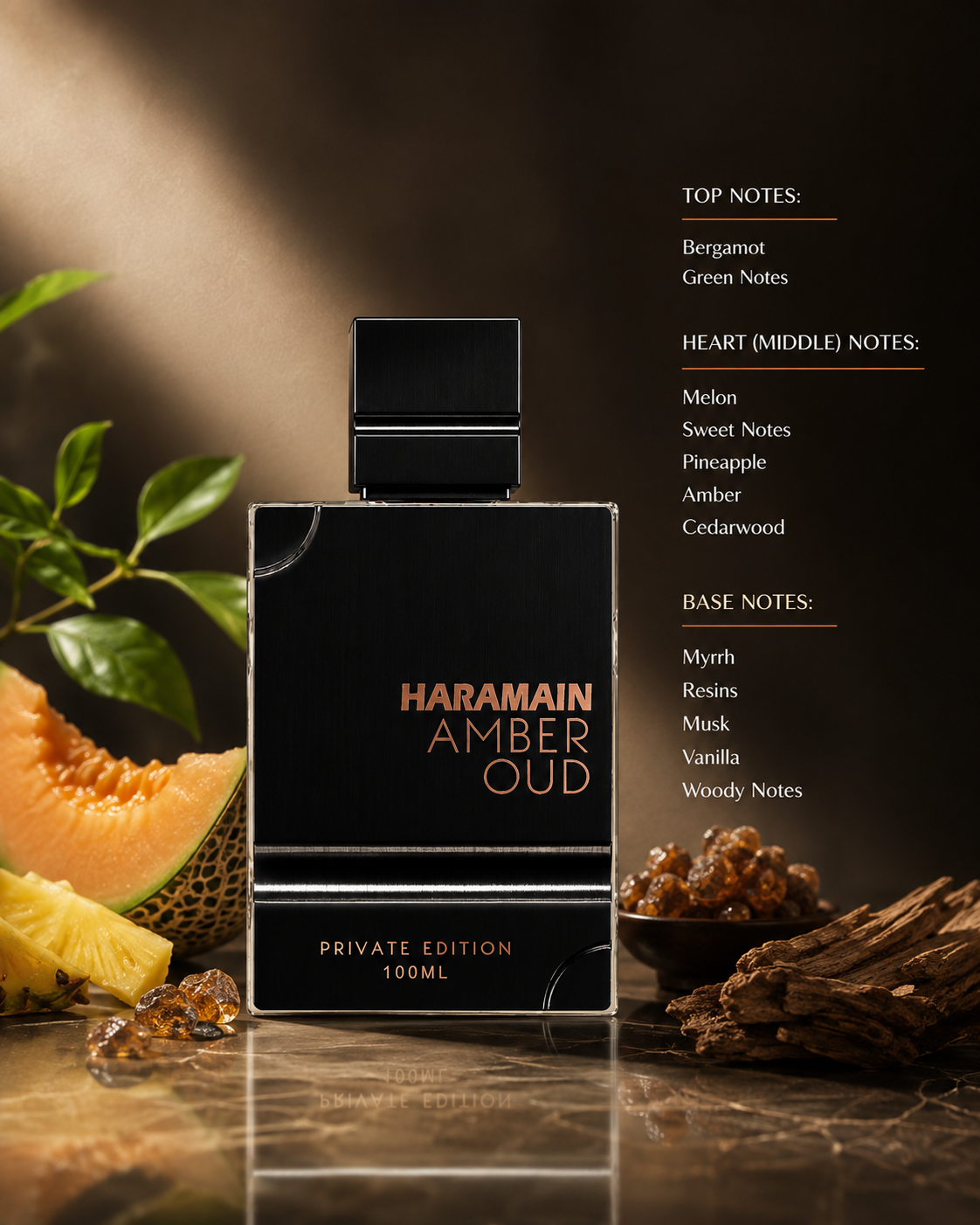 Al Haramain Amber Oud Private Edition 100ml displayed with melon, pineapple, amber, resins and woody elements, highlighting its sweet, fruity, warm and woody fragrance character.