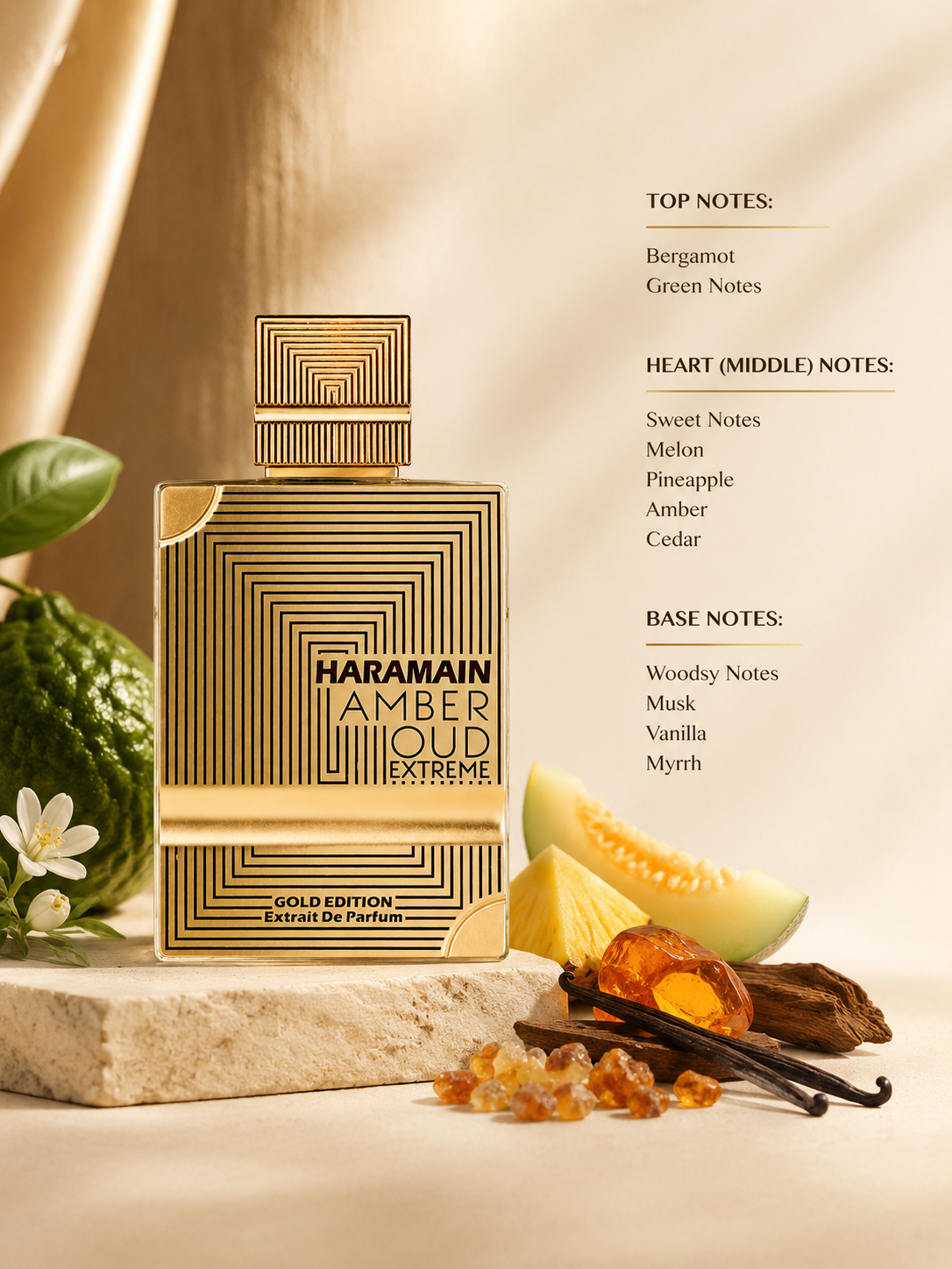 Al Haramain Amber Oud Extreme Gold Edition Extrait de Parfum displayed with bergamot, melon, pineapple, amber, vanilla and woody elements representing its sweet, fruity and warm fragrance notes.
