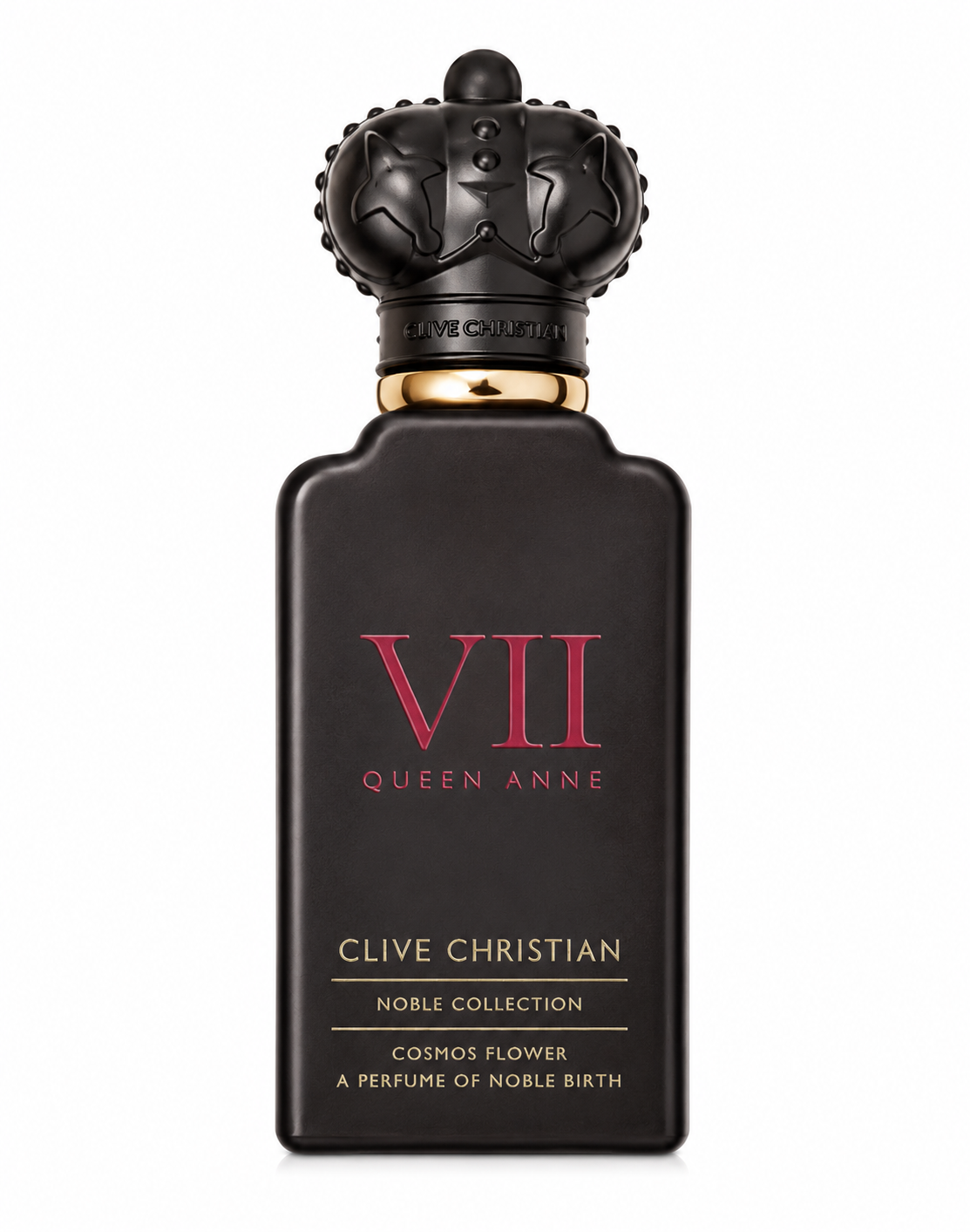Exact Clive Christian VII Queen Anne Cosmos Flower perfume bottle, front-facing and centered on pure white background. Preserve original black bottle, crown cap, gold details, red and gold branding and exact proportions. Clean studio lighting, soft shadow, sharp photorealistic luxury Shopify product photography.