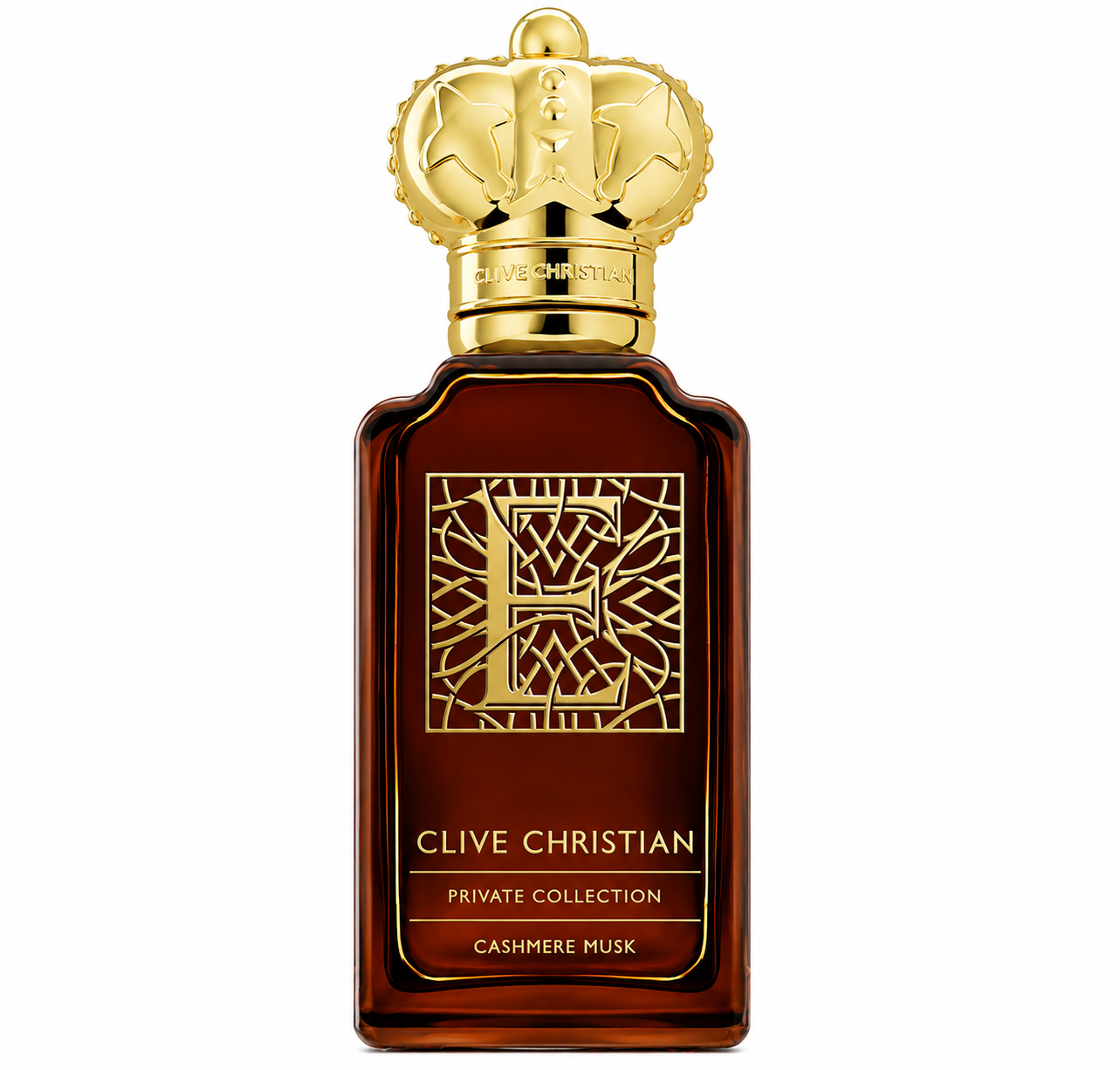 Clive Christian Cashmere Musk Private Collection 50ml Eau de Parfum in an elegant amber glass bottle with the iconic gold crown cap, isolated on a pure white background for a luxurious premium product presentation.