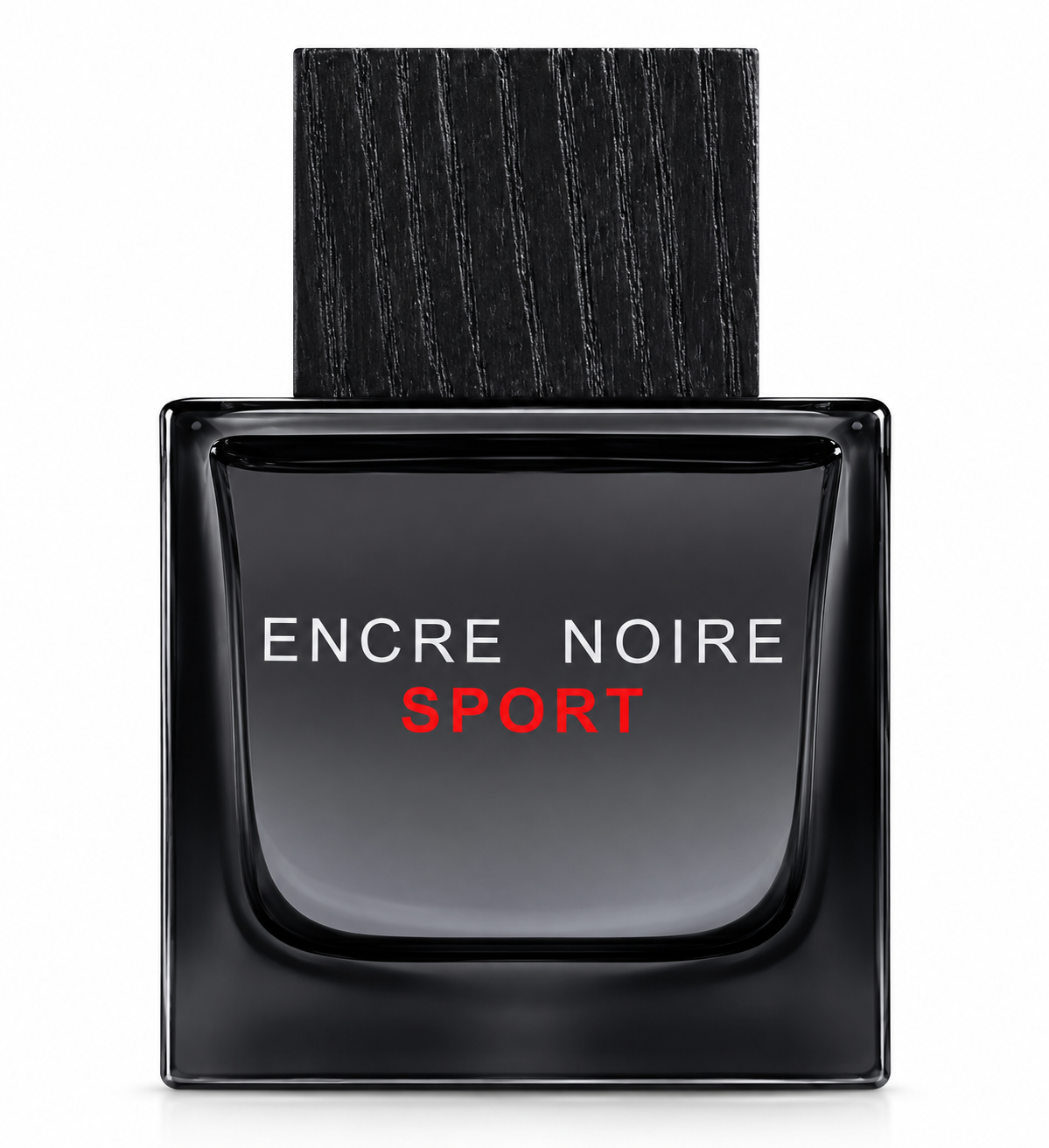 Lalique Encre Noire Sport perfume in a sleek black square glass bottle with bold white and red lettering and a textured black wood-effect cap, photographed on a clean white background.
