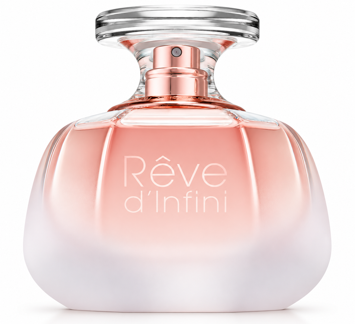 Lalique Rêve d’Infini perfume in an elegant rounded glass bottle with a soft blush pink gradient, rose-gold atomizer and sculpted transparent cap, presented on a clean white background.
