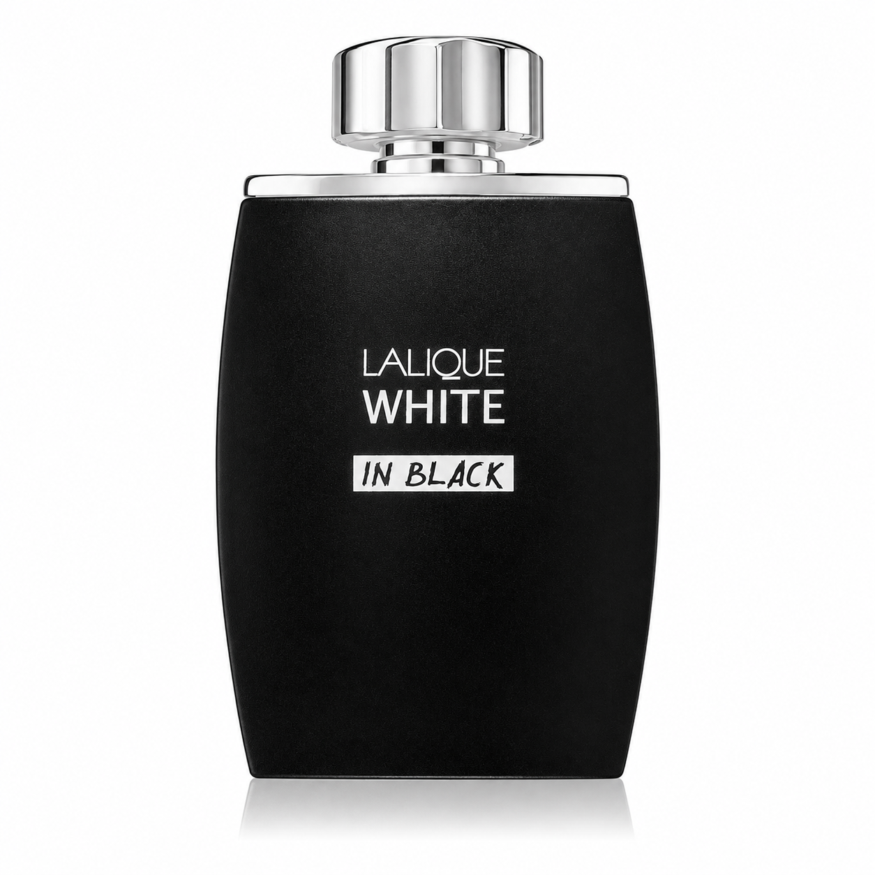 Lalique White in Black Eau de Parfum in a sleek matte black bottle with bold white lettering and a polished silver cap, photographed on a clean white background.