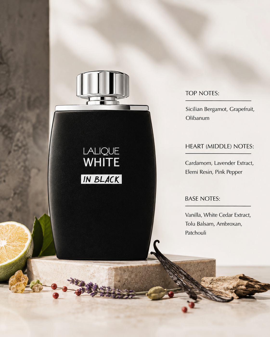 Lalique White in Black Eau de Parfum displayed with bergamot, lavender, cardamom, vanilla and woody elements, highlighting its fresh, spicy, aromatic and warm woody fragrance character.