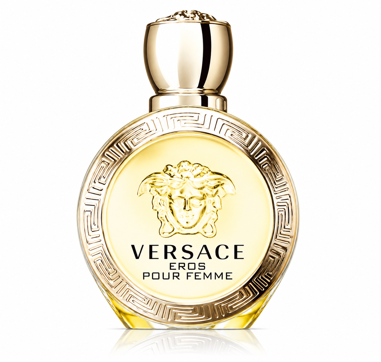 Versace Eros Pour Femme Eau de Parfum in its luxurious round gold bottle, featuring the iconic Medusa emblem and signature Greek-key detailing.