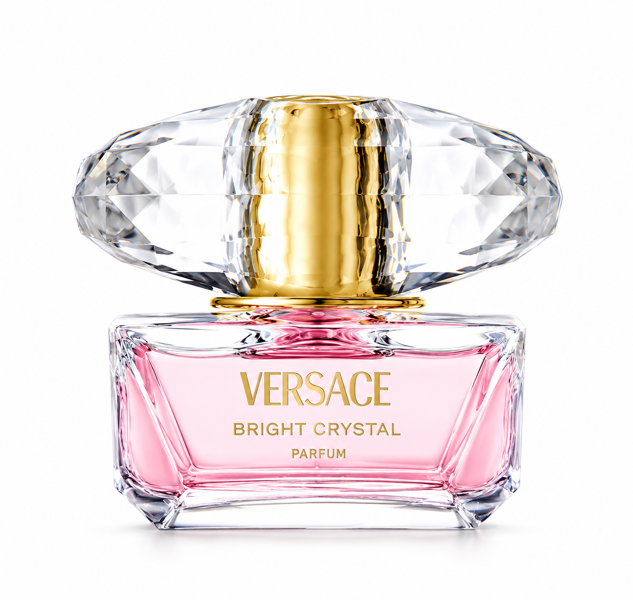 Versace Bright Crystal Parfum bottle isolated on a white background, featuring a transparent glass bottle filled with soft pink fragrance, elegant gold lettering, and an oversized faceted crystal cap with a gold center, reflecting the fragrance's luxurious and feminine design.