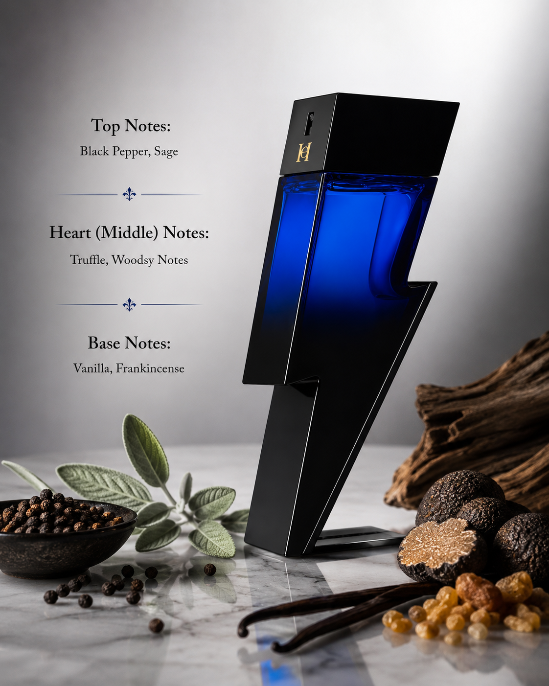 Carolina Herrera Bad Boy Cobalt Elixir 100ml EDP displayed on an elegant marble surface surrounded by black pepper, fresh sage leaves, luxurious black truffle, rich woody accords, vanilla pods and golden frankincense resin, creating a sophisticated dark-blue atmosphere that perfectly reflects its powerful, woody and aromatic fragrance character.