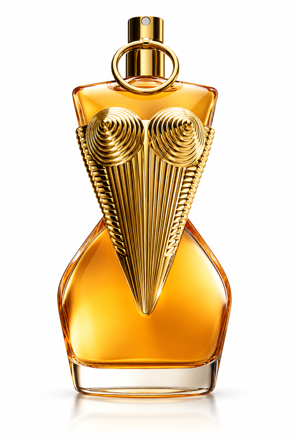 Jean Paul Gaultier Divine perfume bottle with luminous amber-gold fragrance, sculptural gold corset detailing and signature circular gold spray design on a clean white background.