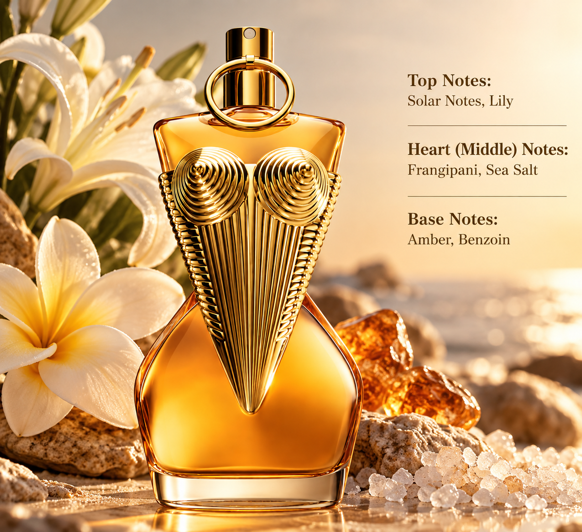 Jean Paul Gaultier Divine perfume bottle in a warm seaside setting with white lilies, frangipani flowers, amber resin and sea salt, highlighting its solar floral, salty and ambery fragrance profile.