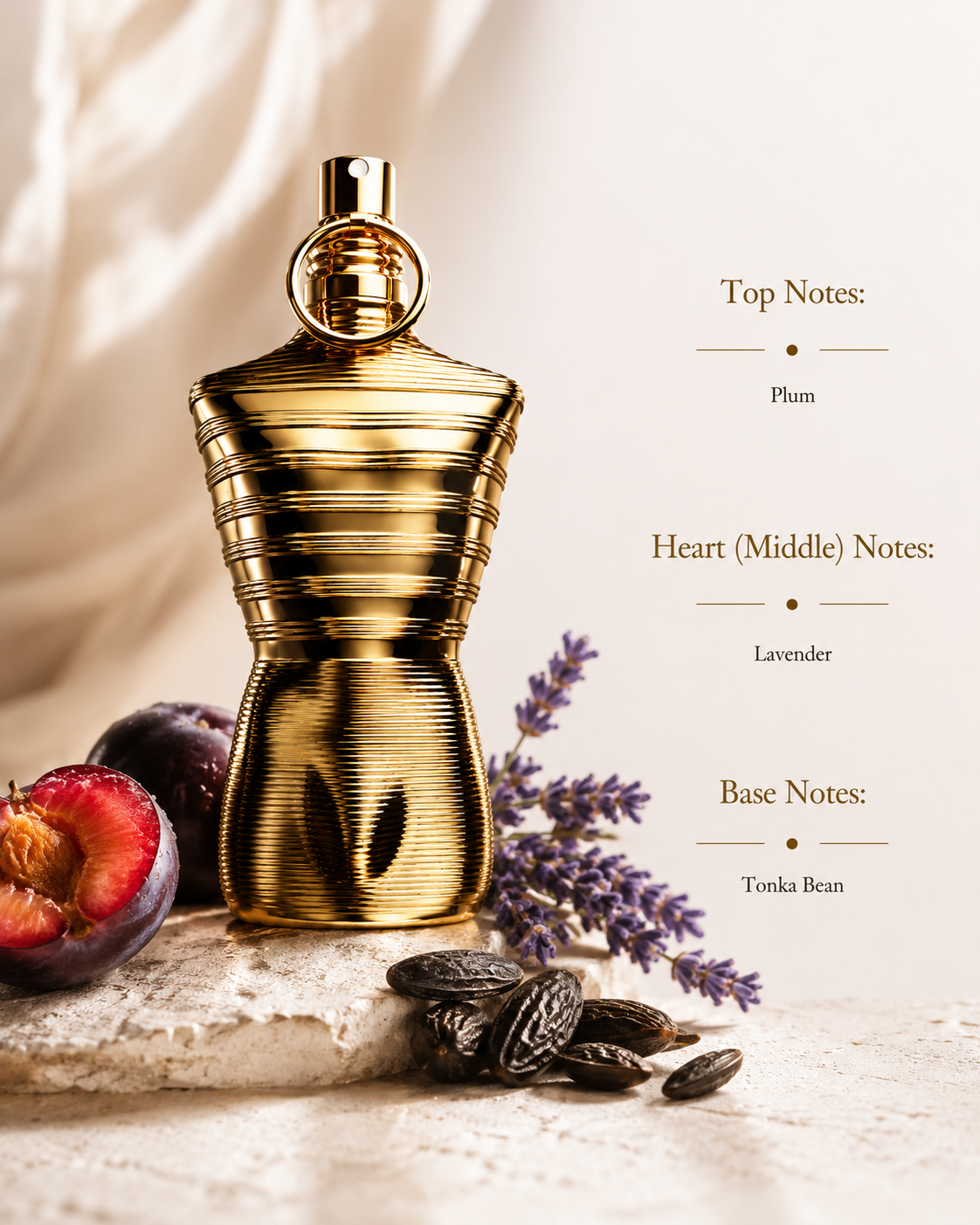 Jean Paul Gaultier Le Male Elixir Parfum displayed with its fragrance notes, surrounded by ripe plums, fresh lavender sprigs, and tonka beans, highlighting its warm aromatic gourmand fragrance with plum, lavender, and rich tonka bean accords.