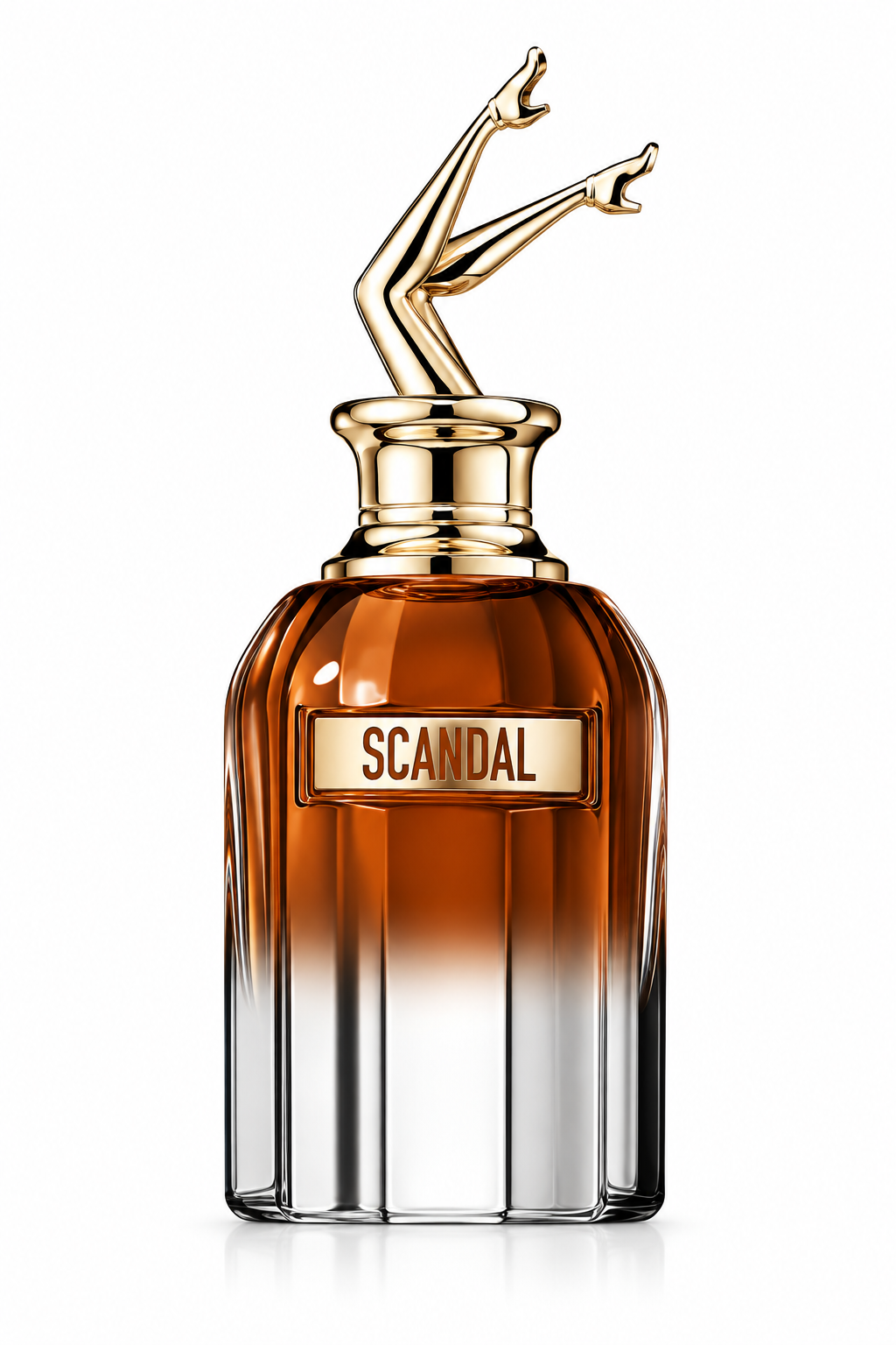 Jean Paul Gaultier Scandal women’s perfume bottle with amber-toned fragrance, sculptural gold legs cap and elegant fluted glass design, photographed on a clean white background.