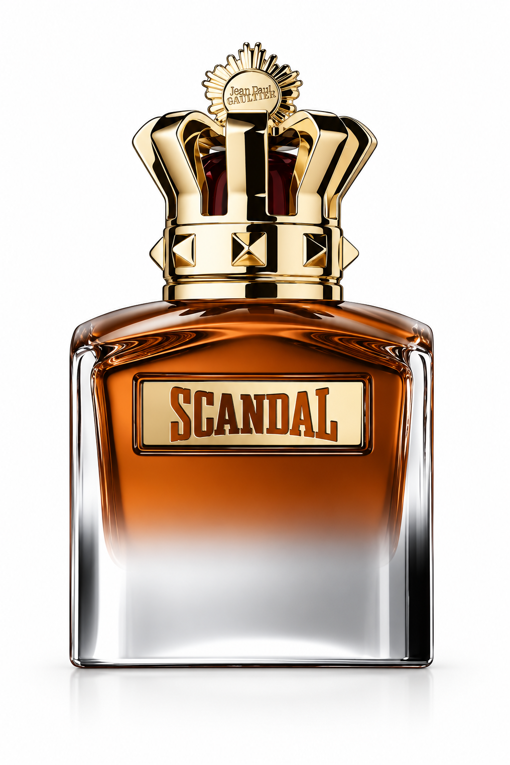 Jean Paul Gaultier Scandal Pour Homme fragrance bottle featuring warm amber-toned perfume, clear glass and the distinctive sculptural gold crown cap on a clean white background.