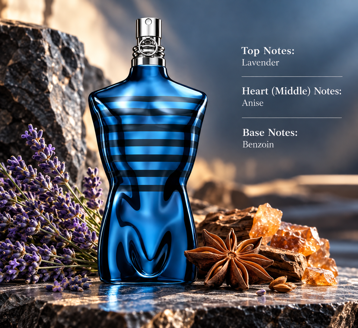 Jean Paul Gaultier Ultra Male fragrance bottle in a masculine setting with lavender, star anise, warm woods and amber-like benzoin resin, reflecting its aromatic, spicy and sensual fragrance profile.