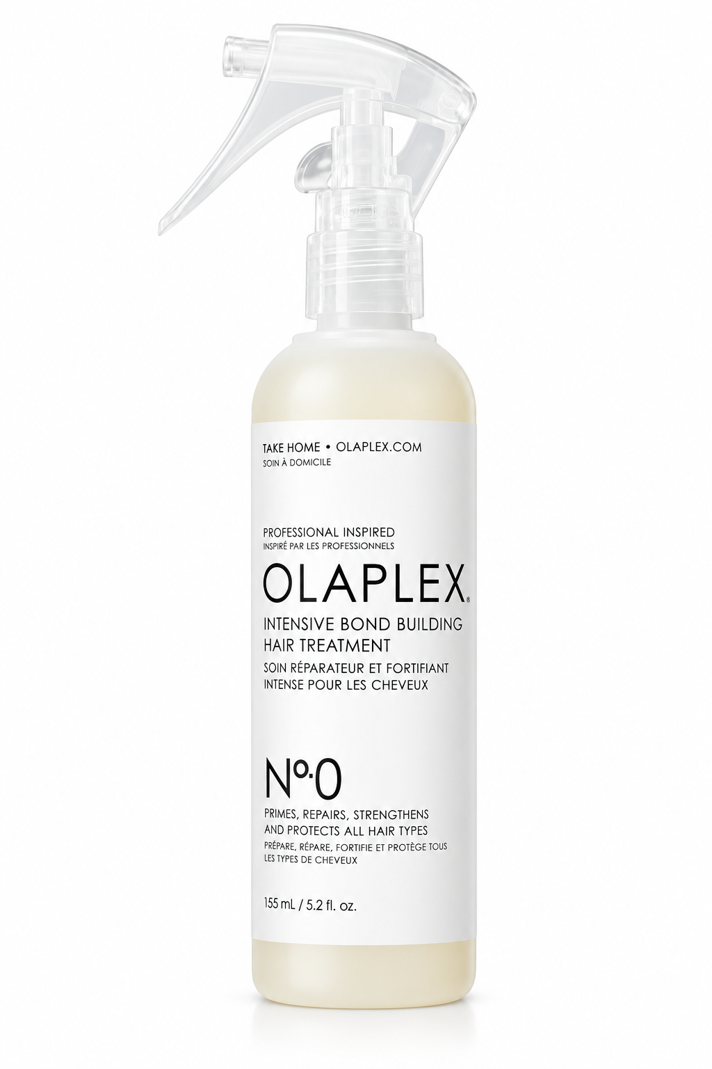 OLAPLEX No.0 Intensive Bond Building Hair Treatment 155ml with professional spray applicator, a reparative pre-treatment designed to prime, strengthen and protect all hair types.