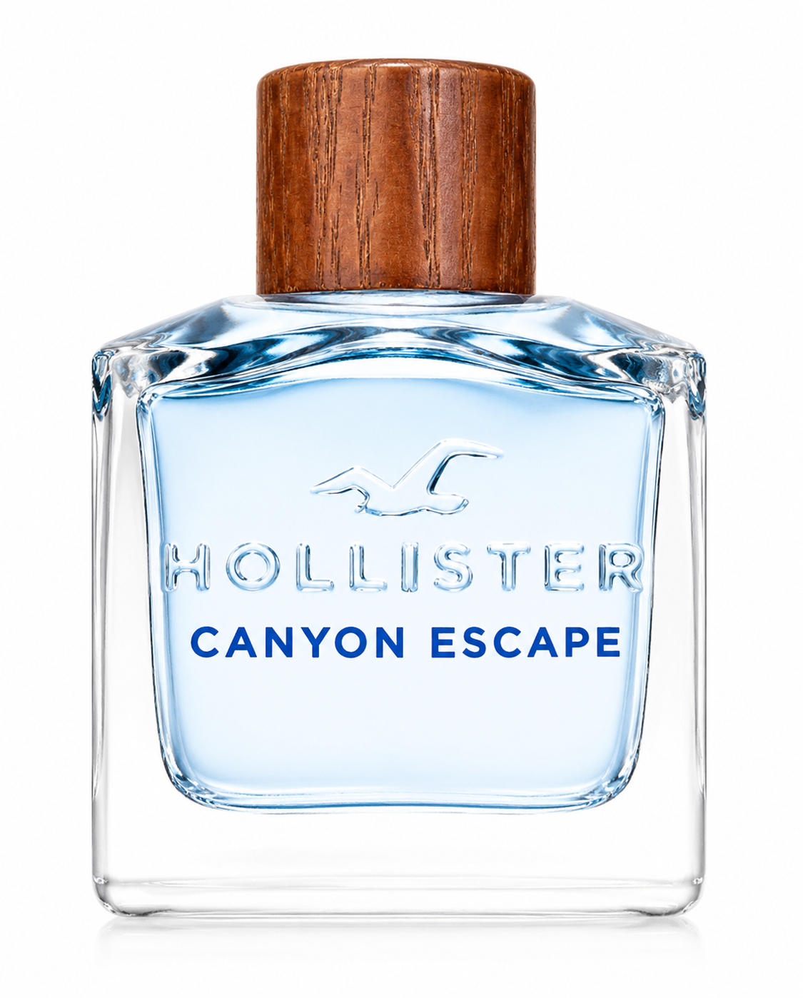 Hollister Canyon Escape fragrance bottle, front-facing and centered on pure white background. Preserve the exact clear glass bottle, pale blue liquid, wooden-effect cap, embossed Hollister logo and blue Canyon Escape lettering. Clean studio lighting, subtle natural shadow, sharp photorealistic product photography.