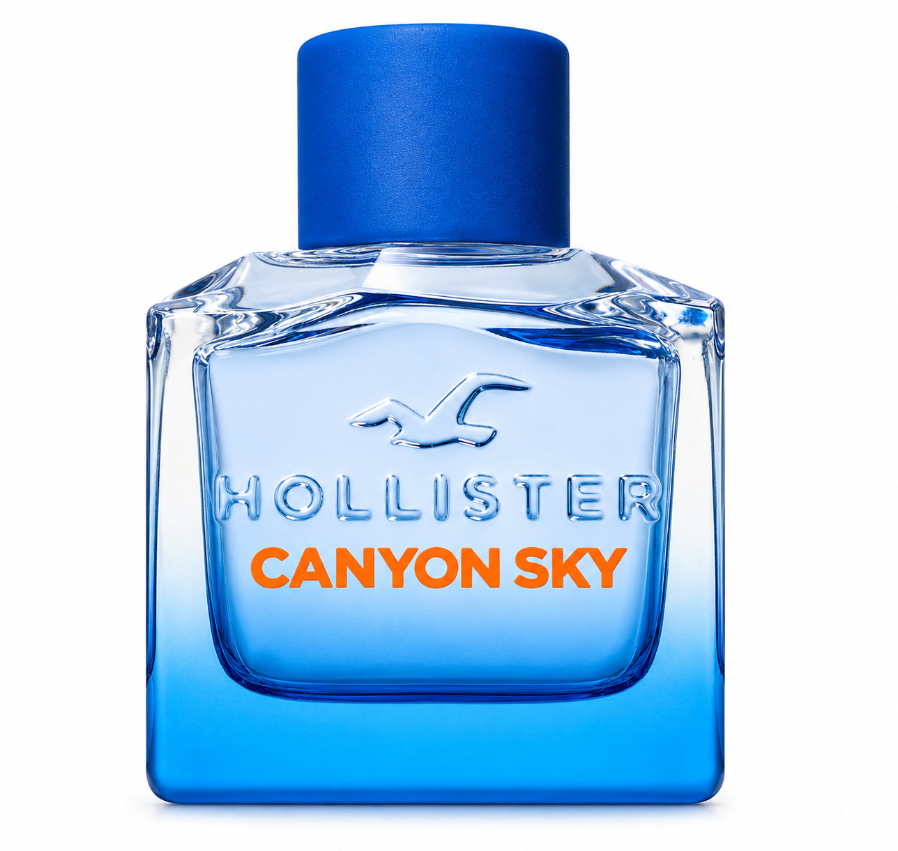 Hollister Canyon Sky fragrance bottle, front-facing and centered on pure white background. Preserve the exact transparent blue glass bottle, vivid blue cap, embossed Hollister logo and orange Canyon Sky lettering. Clean studio lighting, subtle natural shadow, sharp premium product photography.