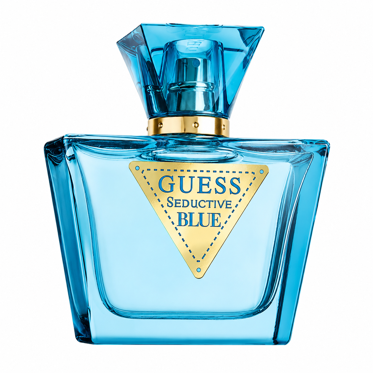 Guess Seductive Blue Eau de Toilette for Women perfume bottle isolated on a white background, featuring a translucent blue faceted glass bottle with a matching geometric cap, gold accents, and the signature gold Guess triangle logo.