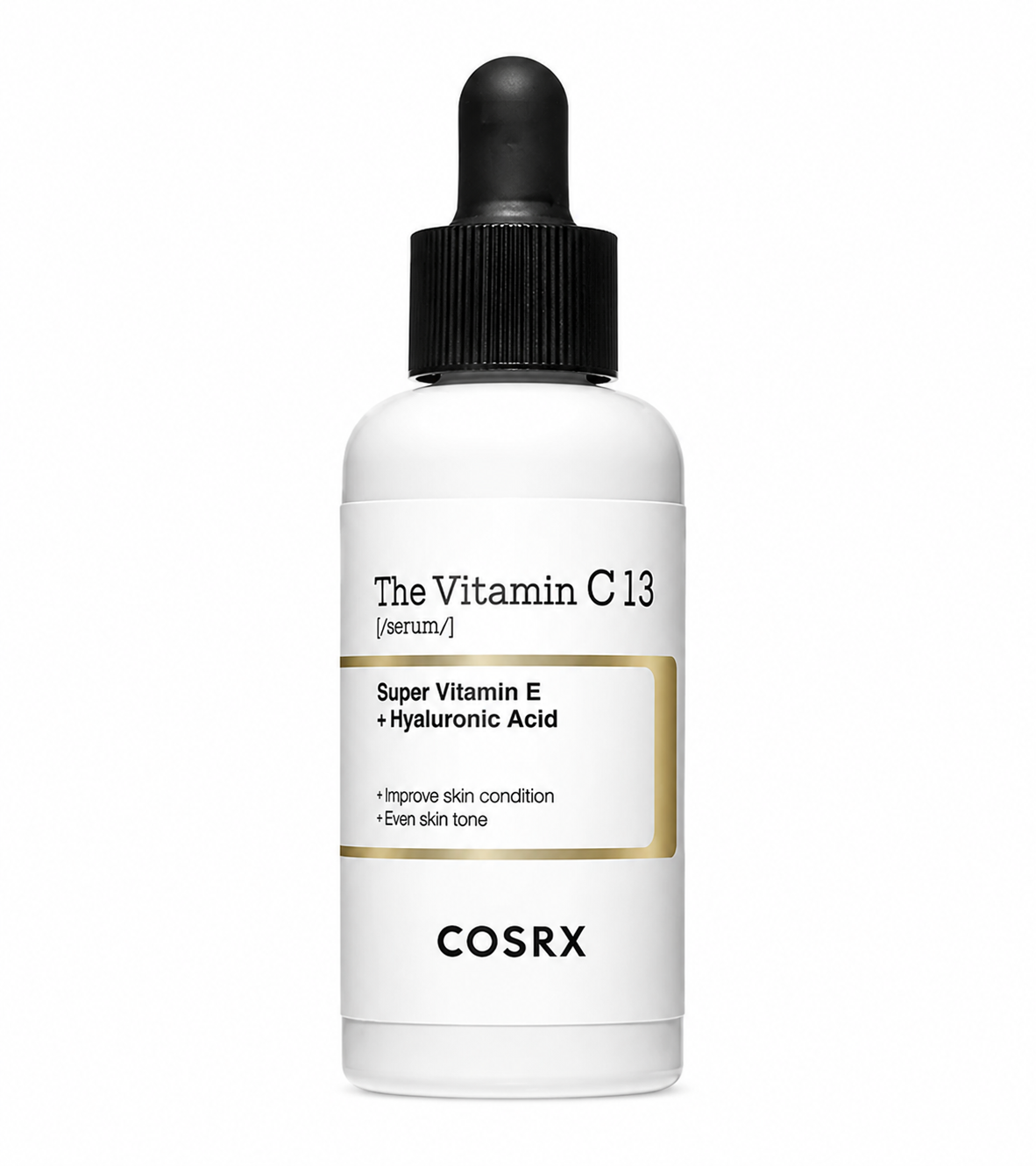 COSRX The Vitamin C 13 Serum in its minimalist white dropper bottle, formulated with Vitamin C alongside Vitamin E and Hyaluronic Acid.