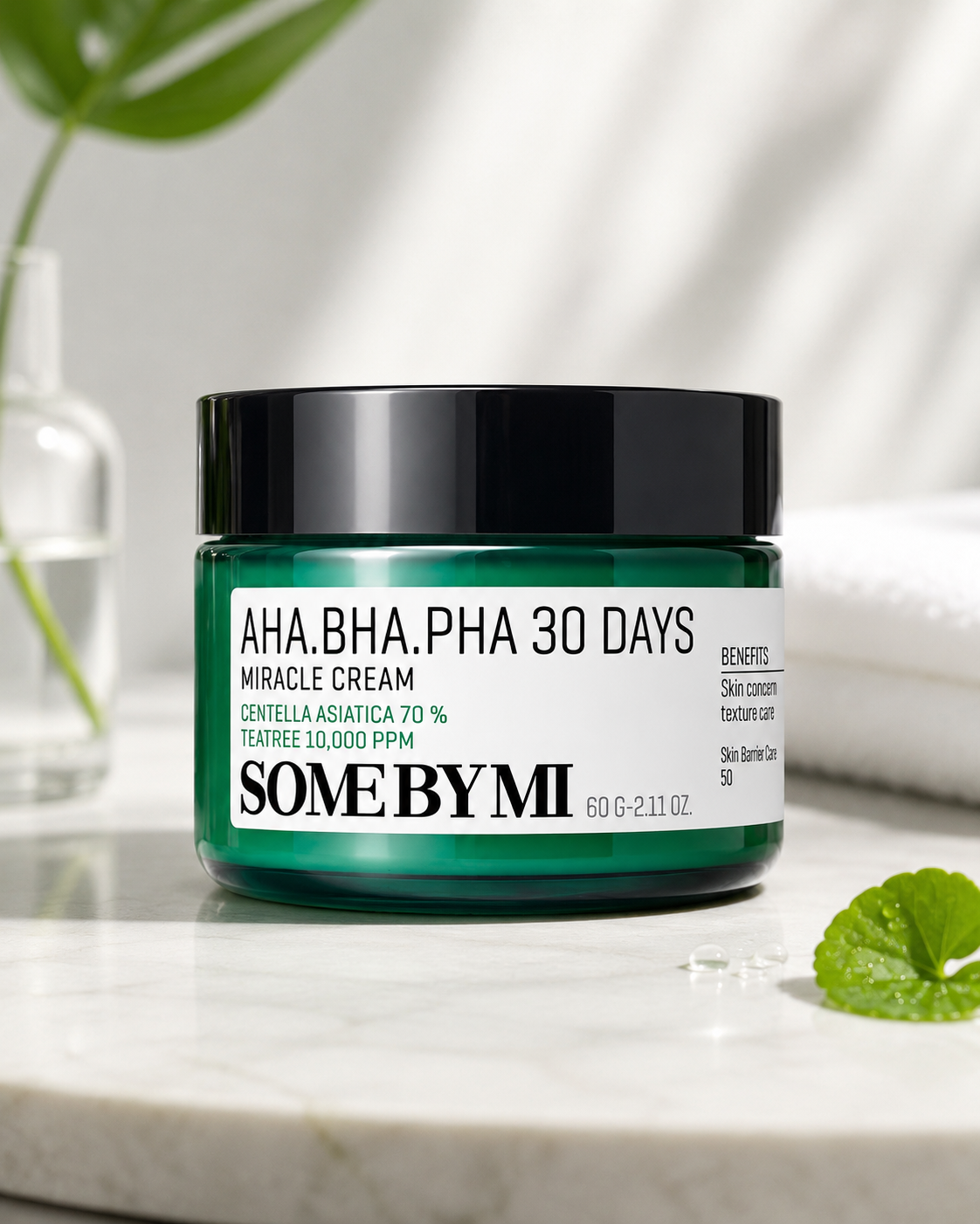 SOME BY MI AHA.BHA.PHA 30 Days Miracle Cream styled in a fresh, minimalist skincare setting with natural greenery, soft daylight and water droplets, reinforcing its clarifying, soothing and skin-barrier-care aesthetic.