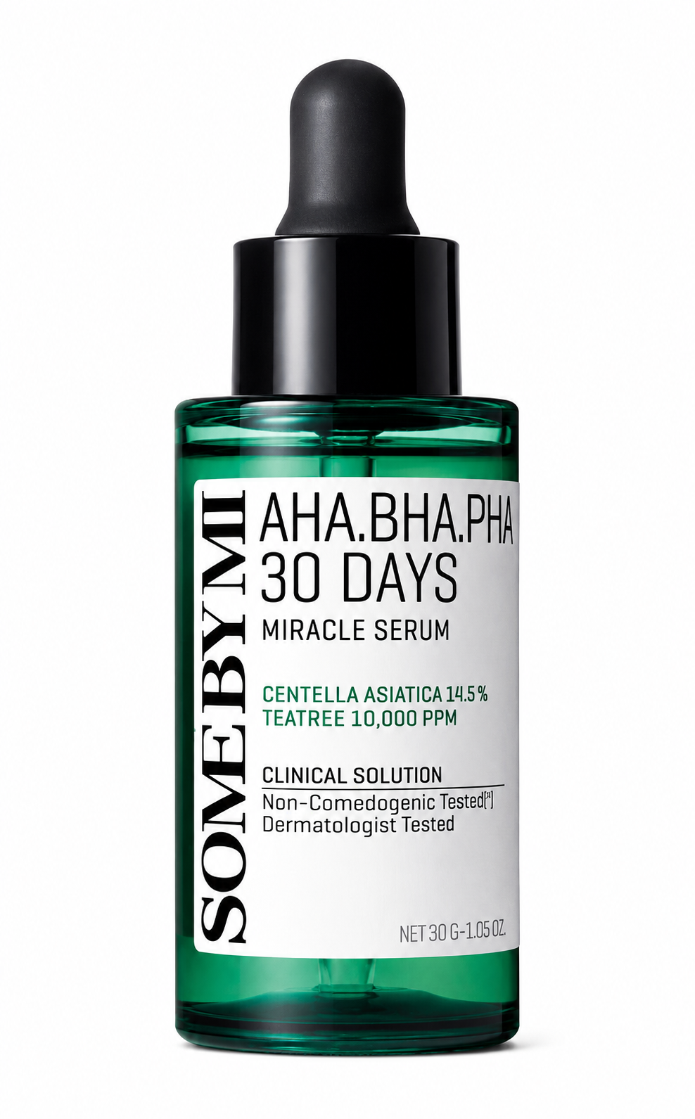 SOME BY MI AHA.BHA.PHA 30 Days Miracle Serum in its signature deep-green 30 g dropper bottle, featuring Centella Asiatica 14.5% and Tea Tree 10,000 ppm.