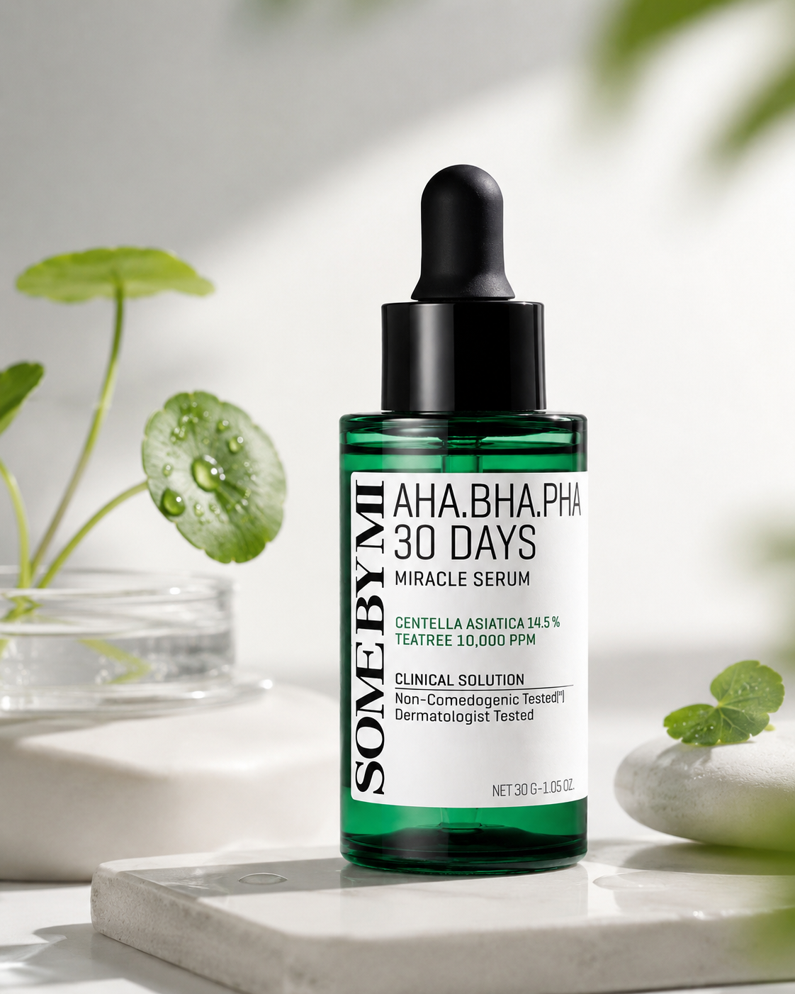 SOME BY MI AHA.BHA.PHA 30 Days Miracle Serum presented in a clean botanical skincare setting with fresh green leaves, water droplets and soft natural light, emphasizing its clarifying and blemish-care character.