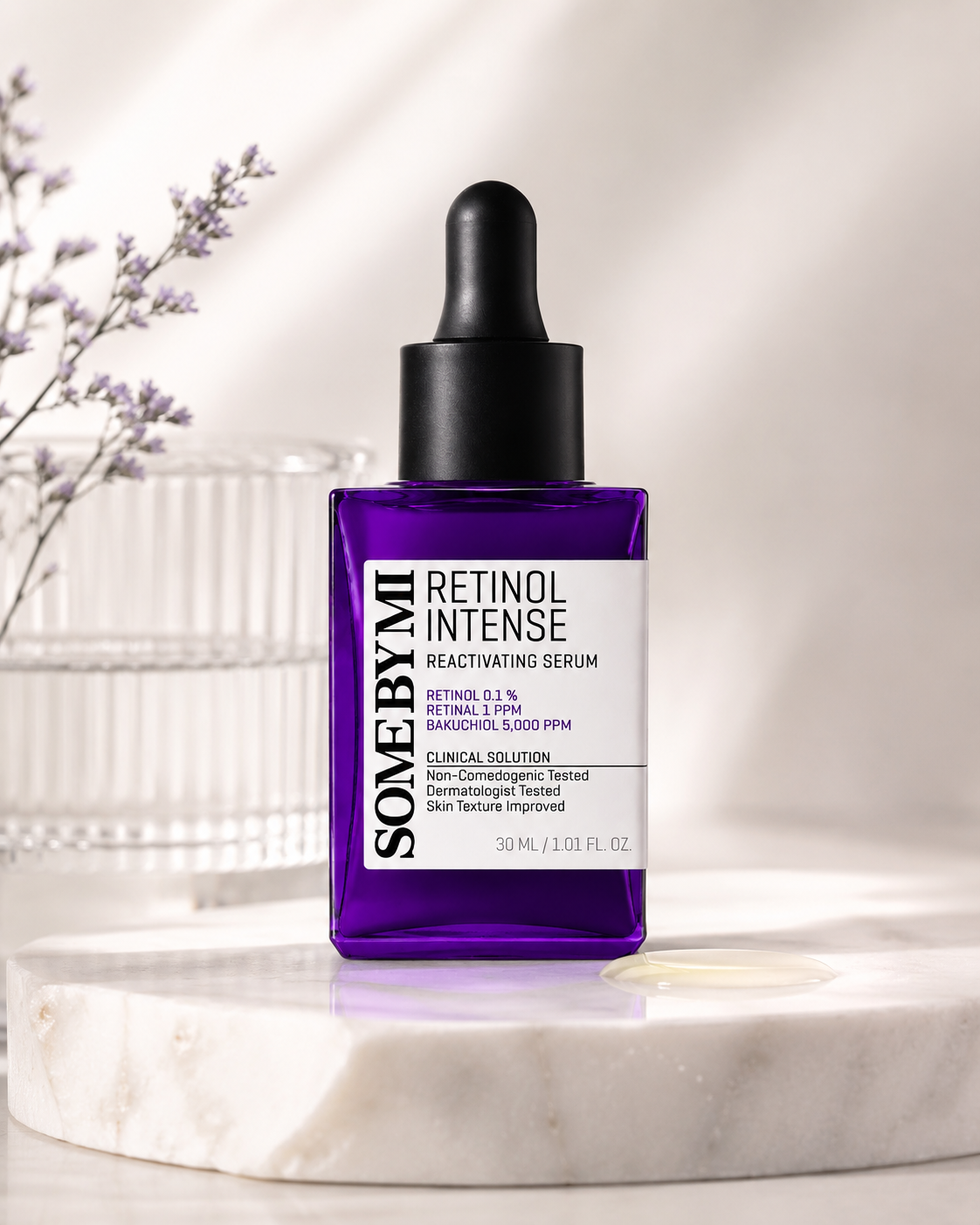 SOME BY MI Retinol Intense Reactivating Serum presented on a minimalist stone pedestal with soft botanical accents and a serum texture swatch, creating a refined clinical-inspired skincare aesthetic.
