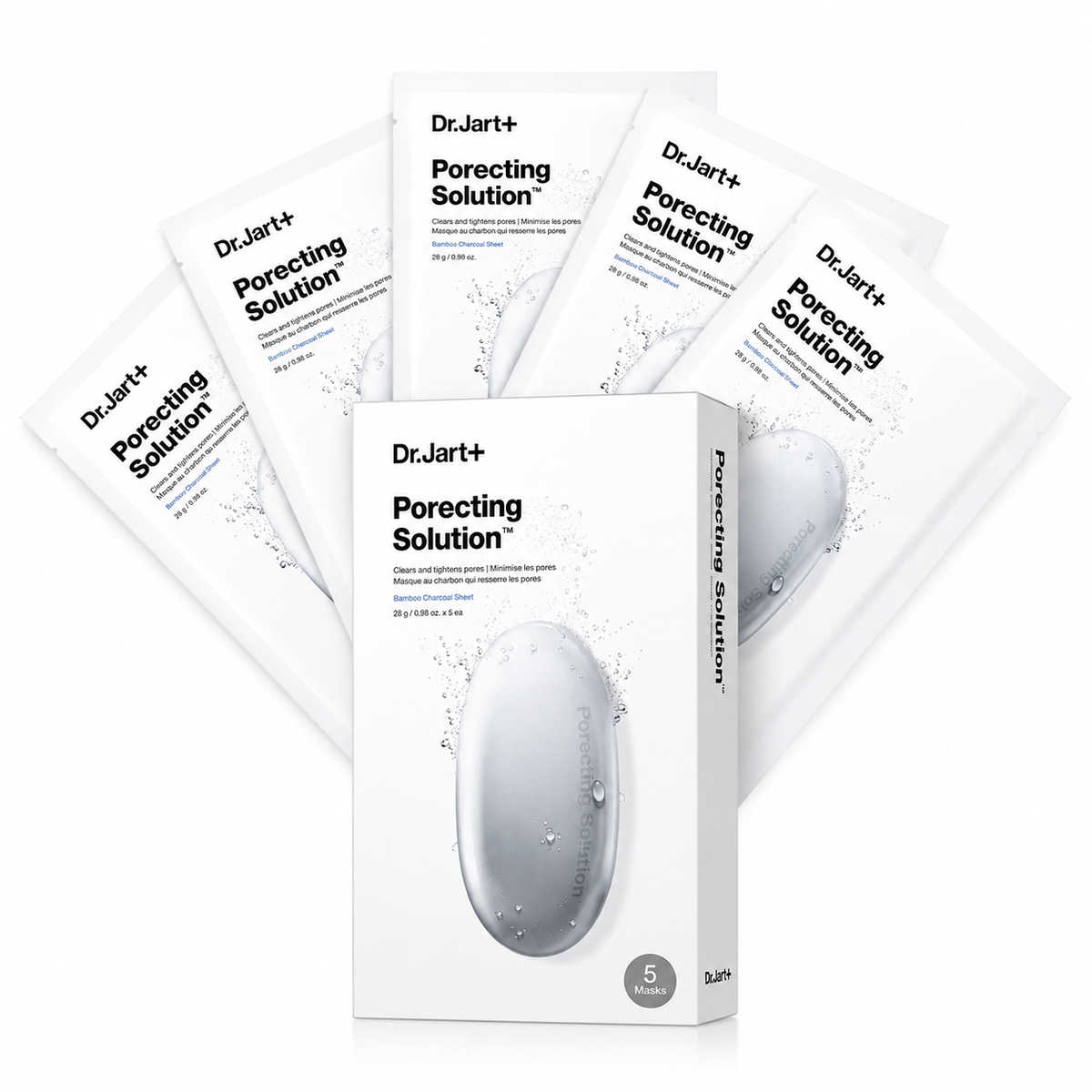 Dr.Jart+ Porecting Solution Bamboo Charcoal Sheet Mask 5-Pack displayed on a pure white background, featuring pore-refining sheet masks formulated with bamboo charcoal to help absorb excess oil, deeply cleanse pores, remove impurities, minimise the appearance of enlarged pores and leave skin feeling fresh, smooth and balanced.