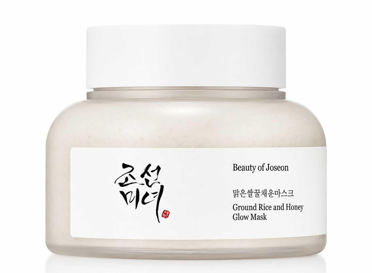 Beauty of Joseon Ground Rice and Honey Glow Mask 150ml on a pure white background, featuring a wash-off mask enriched with upcycled rice lees, rice powder and honey that gently exfoliates dead skin cells, deeply nourishes, hydrates, refines skin texture, helps minimise the appearance of pores and leaves the complexion soft, smooth and naturally radiant.