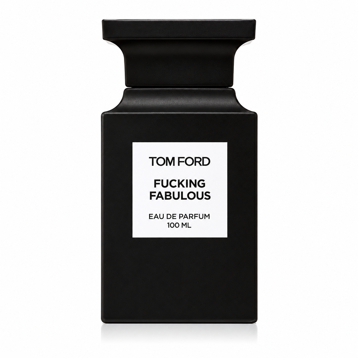 Tom Ford Fucking Fabulous Eau de Parfum in the signature matte black Private Blend bottle with a minimalist white label, displayed on a clean white background. This luxurious leather fragrance opens with aromatic clary sage and lavender, reveals a rich heart of bitter almond, leather, vanilla, and orris, and settles into a warm base of tonka bean, cashmeran, amber, and white woods for a bold, sensual, and sophisticated scent.
