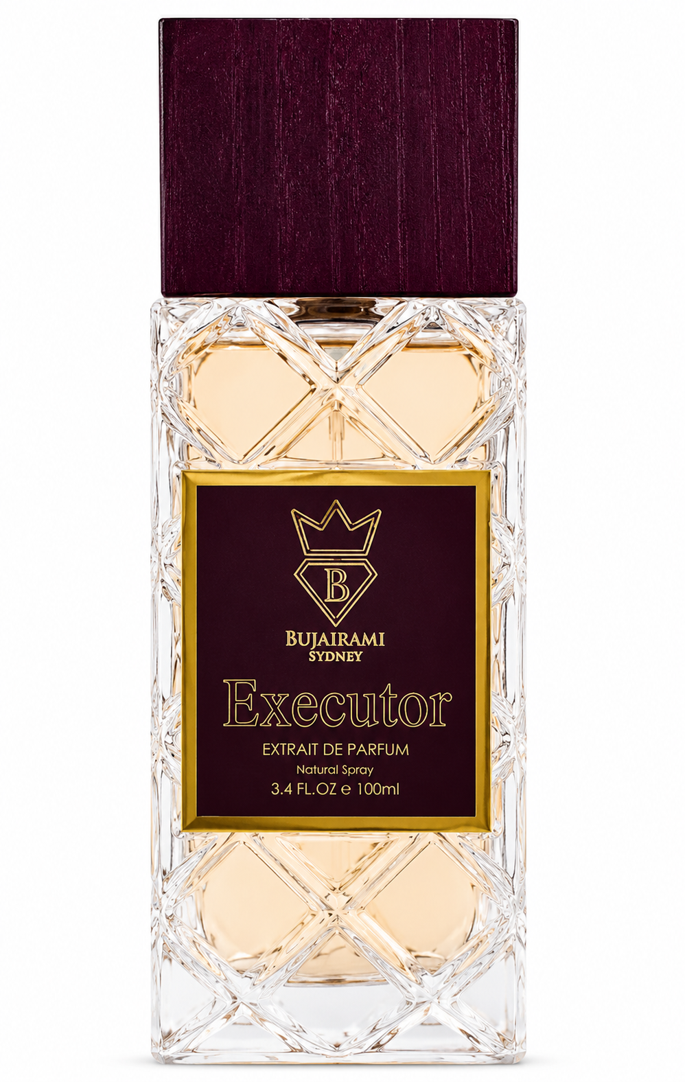 Bujairami Executor Extrait de Parfum presented in its luxurious crystal-cut rectangular glass bottle with an elegant deep burgundy wooden cap and sophisticated burgundy-and-gold label, isolated on a flawless pure white background with premium studio lighting. The image highlights the intricate faceted glass design, warm golden fragrance hue, crisp reflections and refined niche perfume craftsmanship for a clean, elegant, high-end e-commerce presentation.