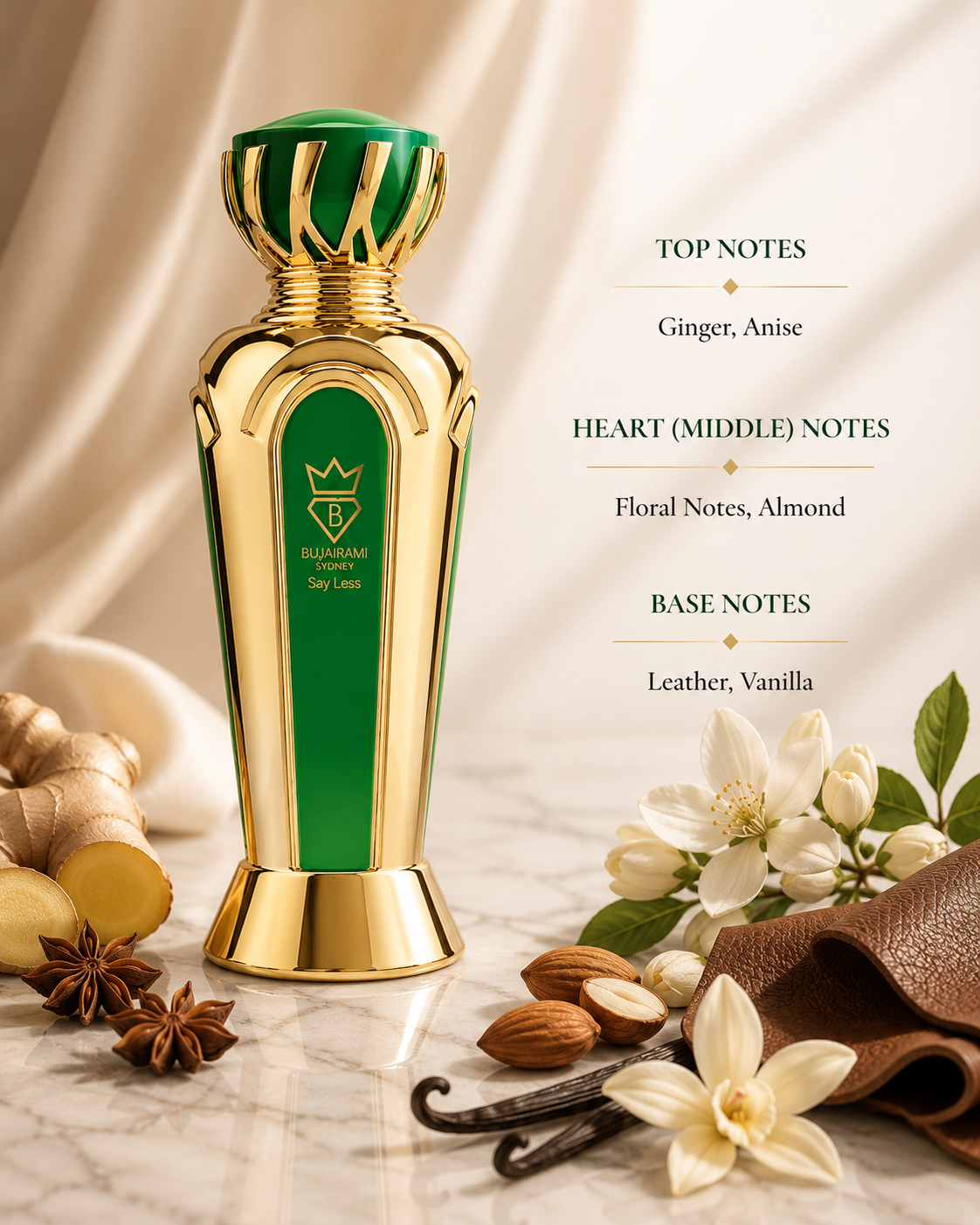 Bujairami Say Less Extrait de Parfum 100ml elegantly displayed on a premium marble surface in a refined luxury setting surrounded by fresh ginger, star anise, delicate white blossoms, almonds, vanilla pods and soft leather accents, creating a warm and sophisticated atmosphere that perfectly reflects its spicy, floral and creamy fragrance profile.