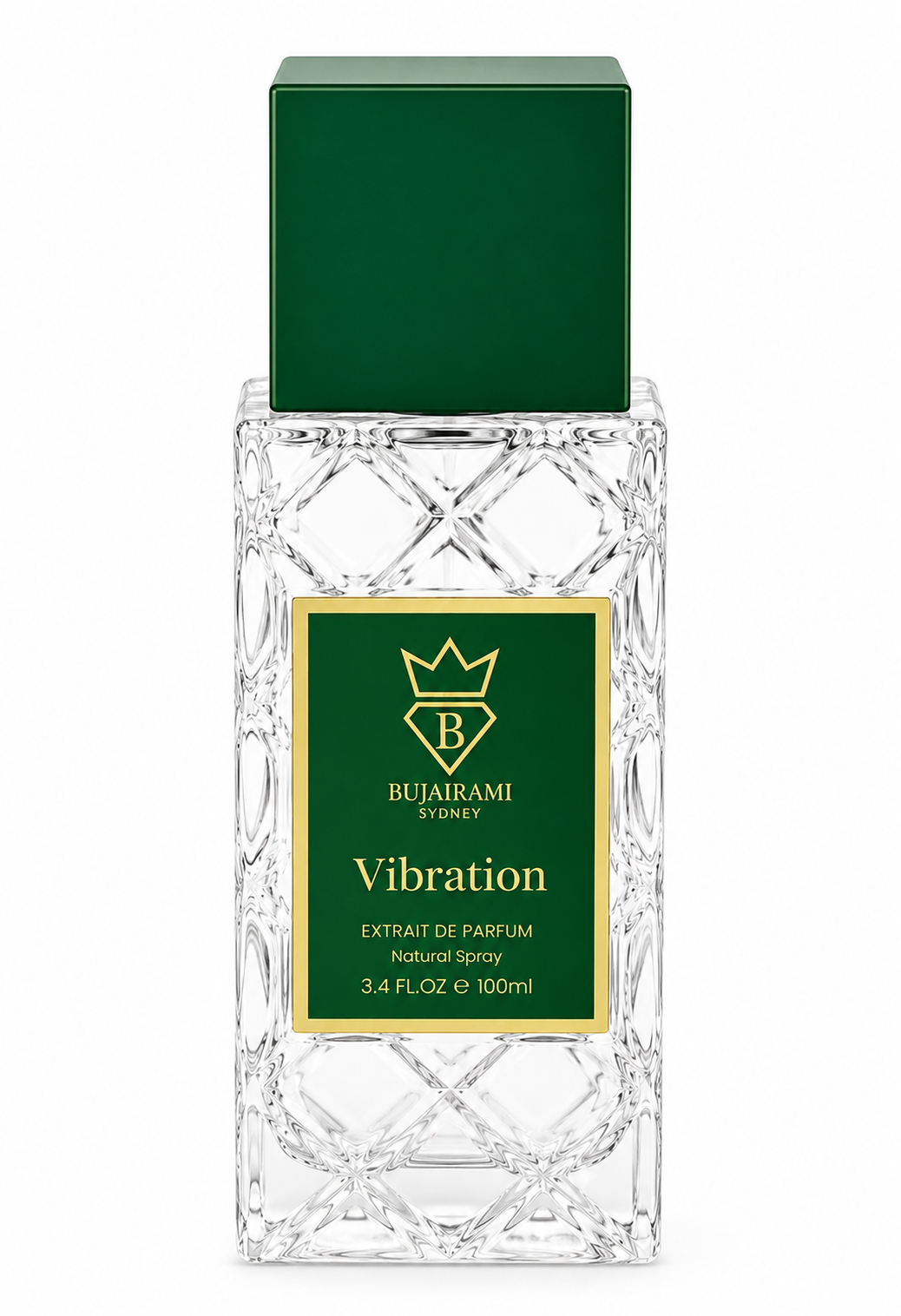 Bujairami Vibration Extrait de Parfum 100ml presented on a pure white background, featuring a luxurious crystal-cut glass bottle with an elegant emerald green cap and matching gold-trimmed label, highlighting its refined craftsmanship and sophisticated premium fragrance presentation.