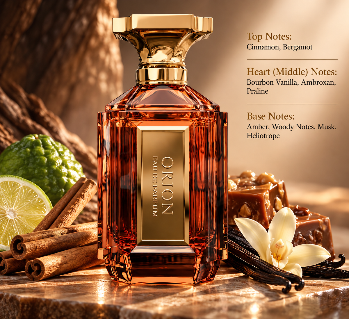 Orion Eau de Parfum presented in a warm gourmand composition with cinnamon, bergamot, Bourbon vanilla and praline, enriched with amber, woody notes, musk and heliotrope for a rich, sophisticated character.