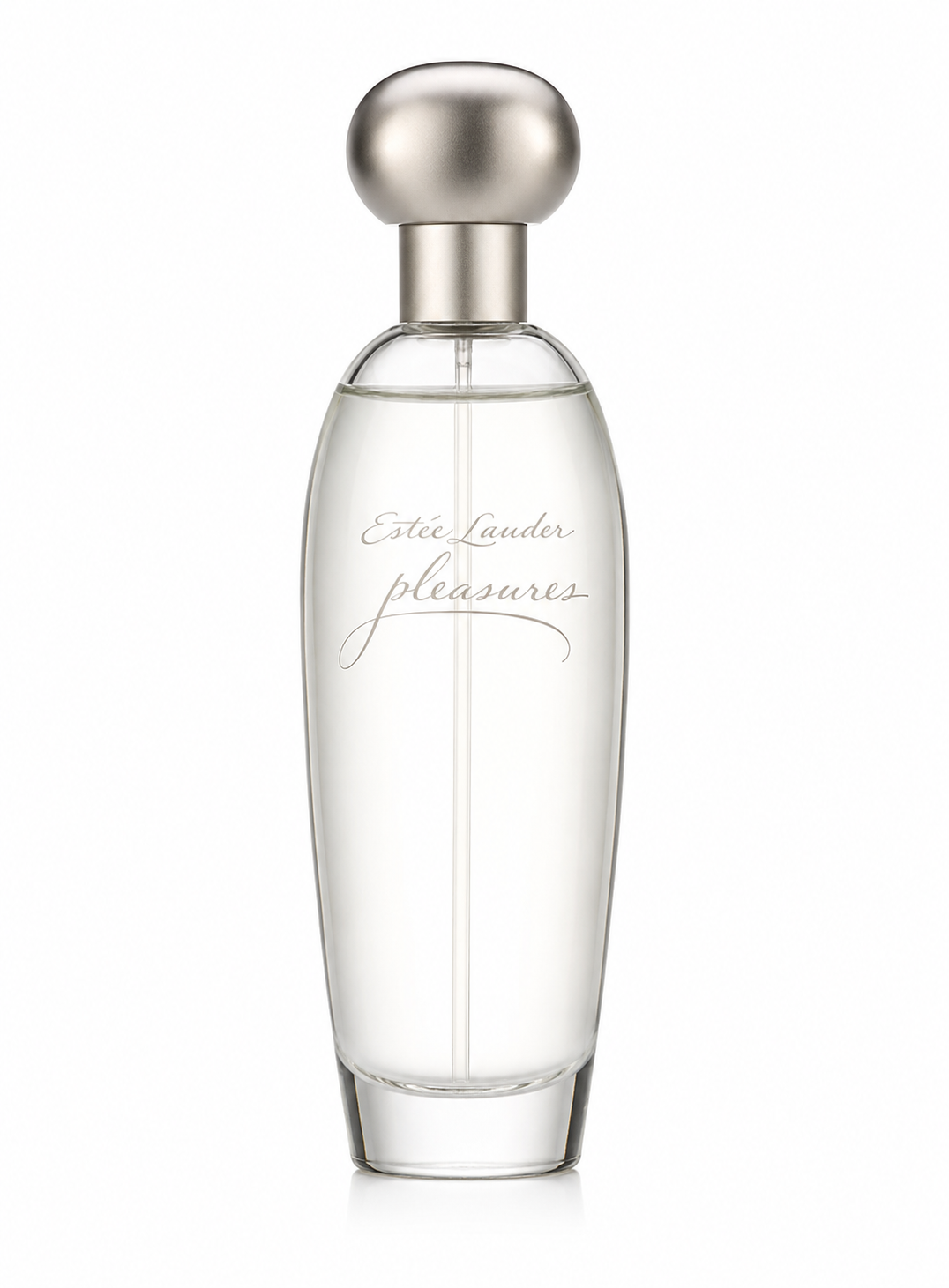 Estée Lauder Pleasures Eau de Parfum bottle isolated on a white background, featuring a clear glass flacon with a soft champagne-toned cap and a minimalist elegant design.