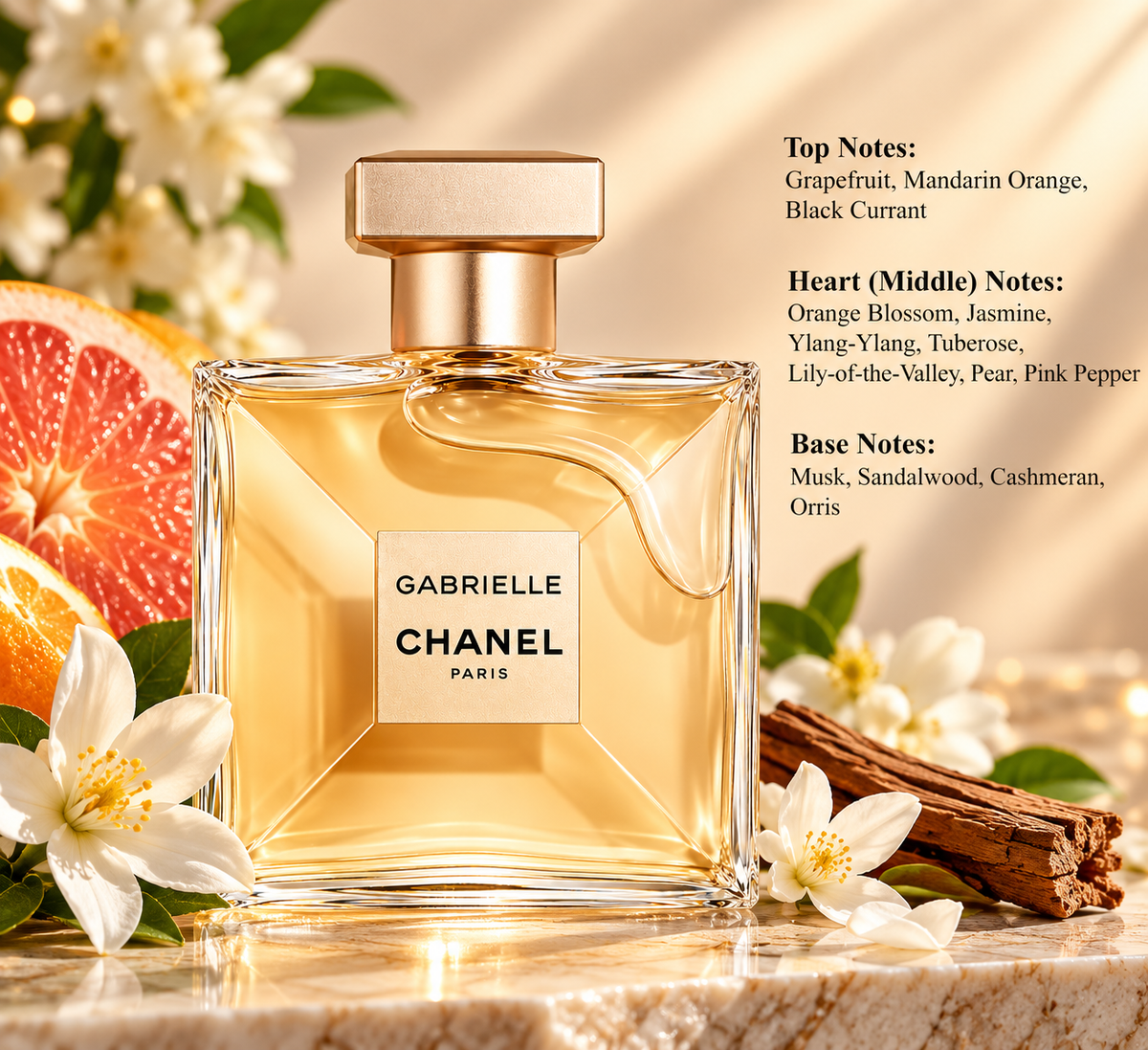 Chanel Gabrielle Eau de Parfum for women, presented in an elegant golden bottle surrounded by grapefruit, white flowers and warm woods. A luxurious floral fragrance featuring jasmine, orange blossom, tuberose, ylang-ylang, sandalwood and musk, with fragrance notes displayed.