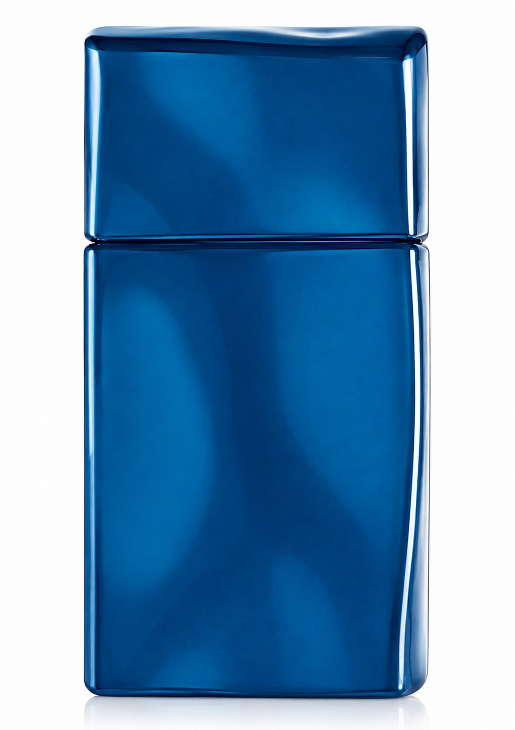 Kenzo Aqua Kenzo Pour Homme fragrance bottle, front-facing and centered on a pure white background. Preserve the exact tall minimalist rectangular bottle from the reference image, with deep cobalt-blue translucent glass, matching wide rectangular blue cap, rounded polished edges and exact proportions. Clean high-end studio lighting, realistic glass reflections, subtle grounding shadow and faint reflection beneath the bottle, crisp premium e-commerce product photography.
