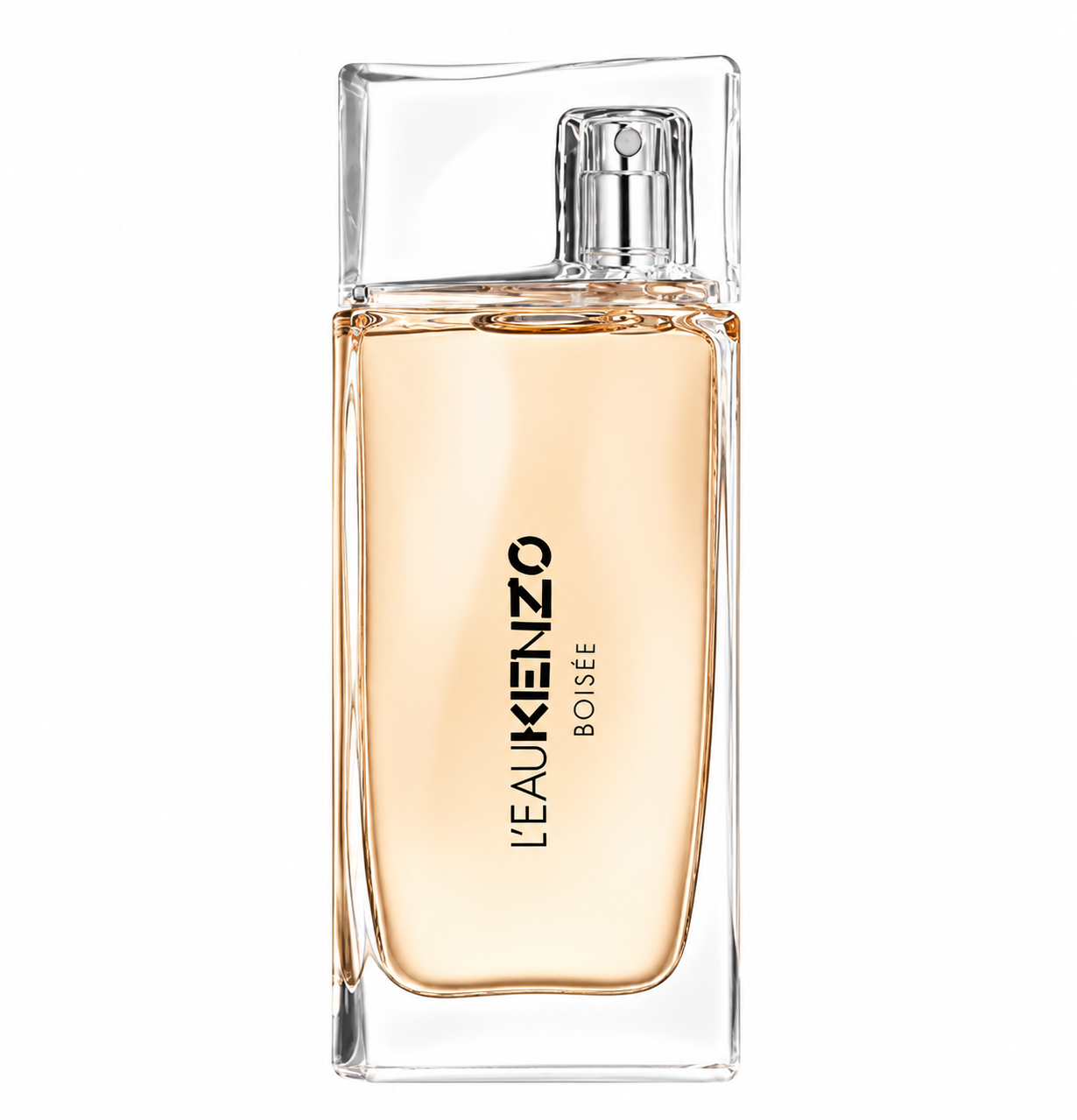 Kenzo L’Eau Kenzo Boisée perfume in a sleek transparent glass bottle with warm amber-colored fragrance and silver spray top, photographed on a clean white background.