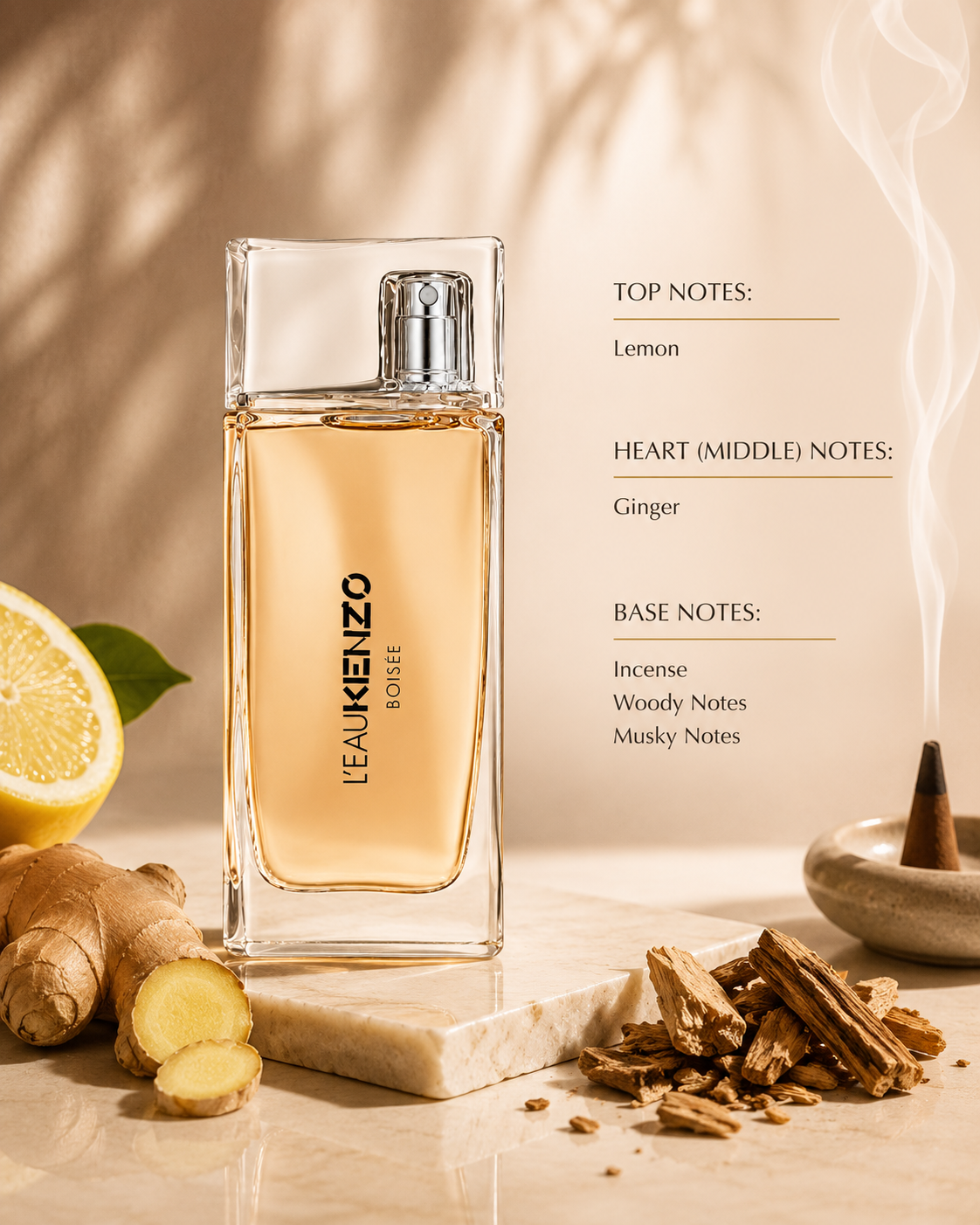 Kenzo L’Eau Kenzo Boisée perfume displayed with lemon, fresh ginger, incense and wood, highlighting its citrusy, spicy, musky and woody fragrance character.