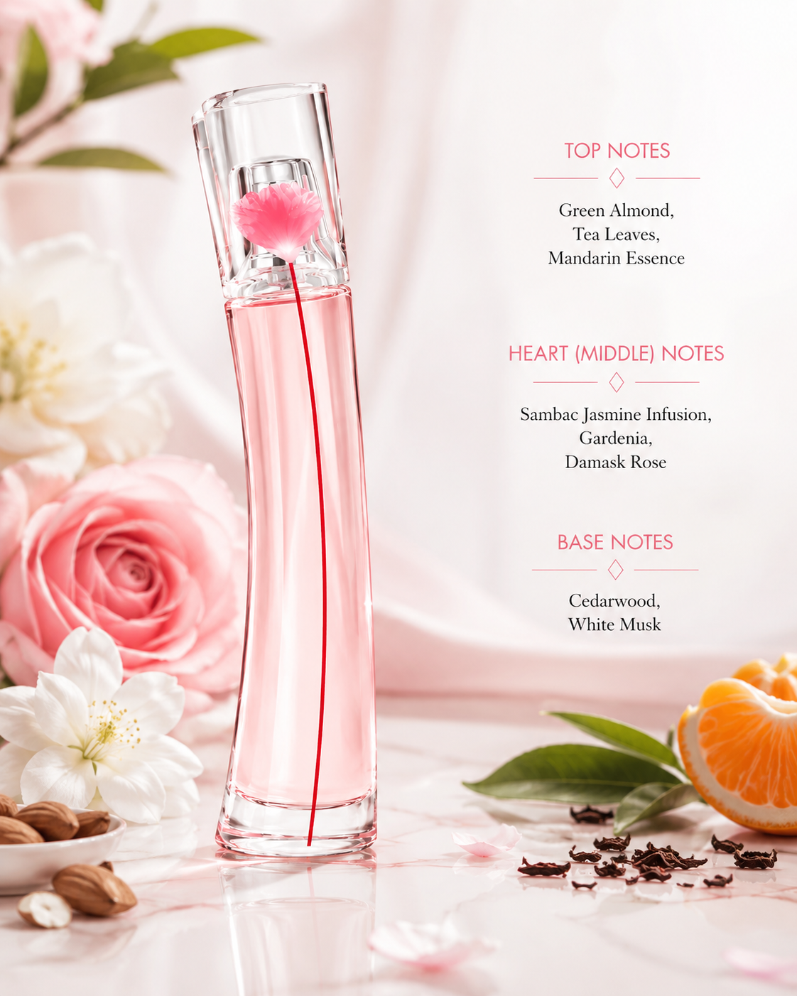 A clear glass perfume bottle filled with pale pink liquid stands on a light surface, surrounded by pink and white flowers, green leaves, almonds, and an orange slice. Text on the right lists the fragrance notes: top notes including green almond, tea leaves, and mandarin essence; heart/middle notes including sambac jasmine infusion, gardenia, and damask rose; base notes including cedarwood and white musk.