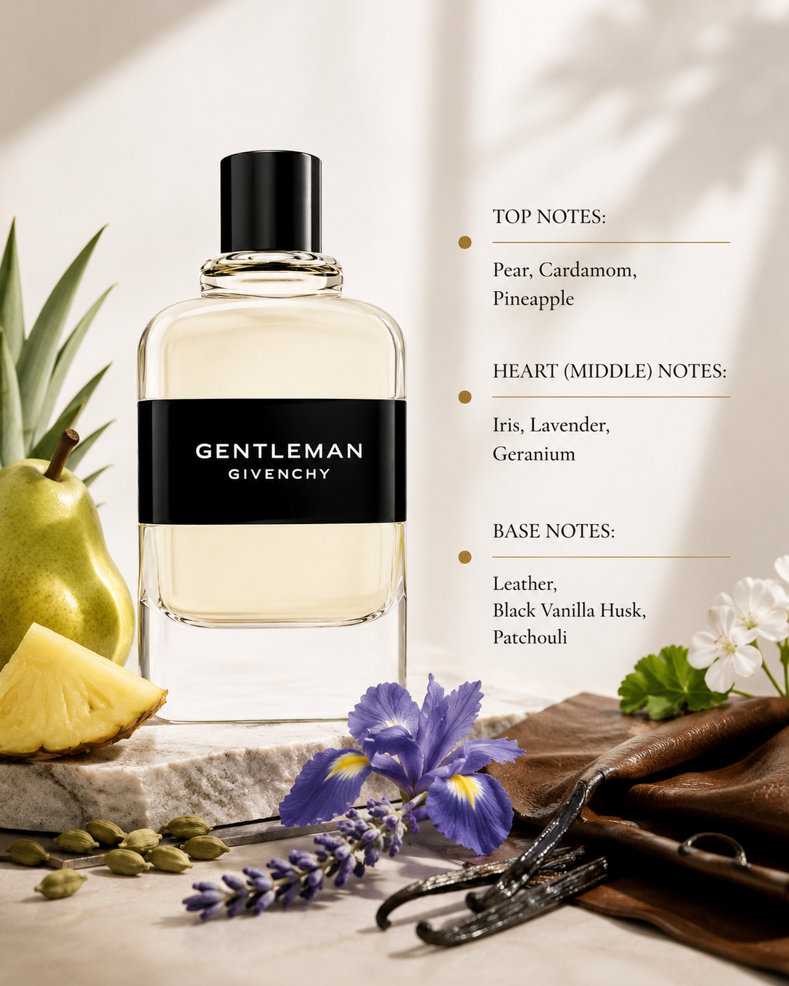 Givenchy Gentleman 100ml Eau de Toilette for Men displayed with pear, pineapple, cardamom, iris, lavender, leather, vanilla and patchouli, highlighting its refined woody aromatic fragrance.