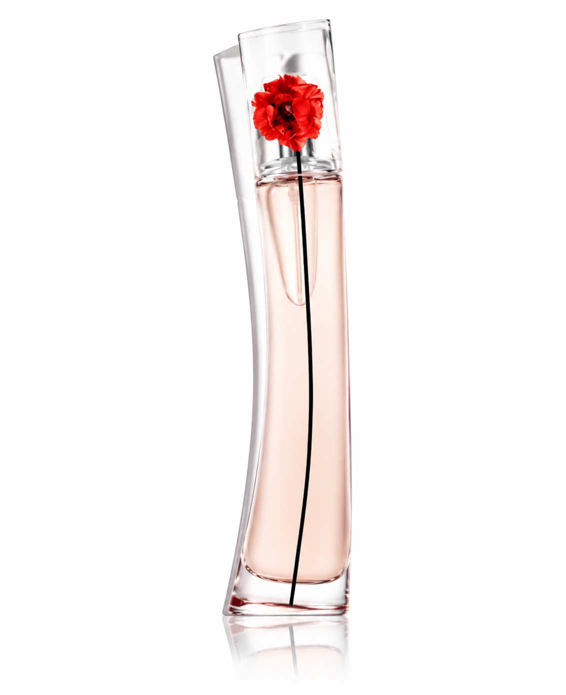 Kenzo Flower by Kenzo L'Absolue fragrance bottle, front-facing and centered on a pure white background. Preserve the exact iconic tall, slender, slightly curved transparent glass bottle from the reference image, pale blush-pink fragrance, asymmetric clear cap, vivid red poppy flower enclosed near the top, and the long thin black stem extending vertically through the bottle. Maintain the exact elegant proportions and sculptural silhouette.