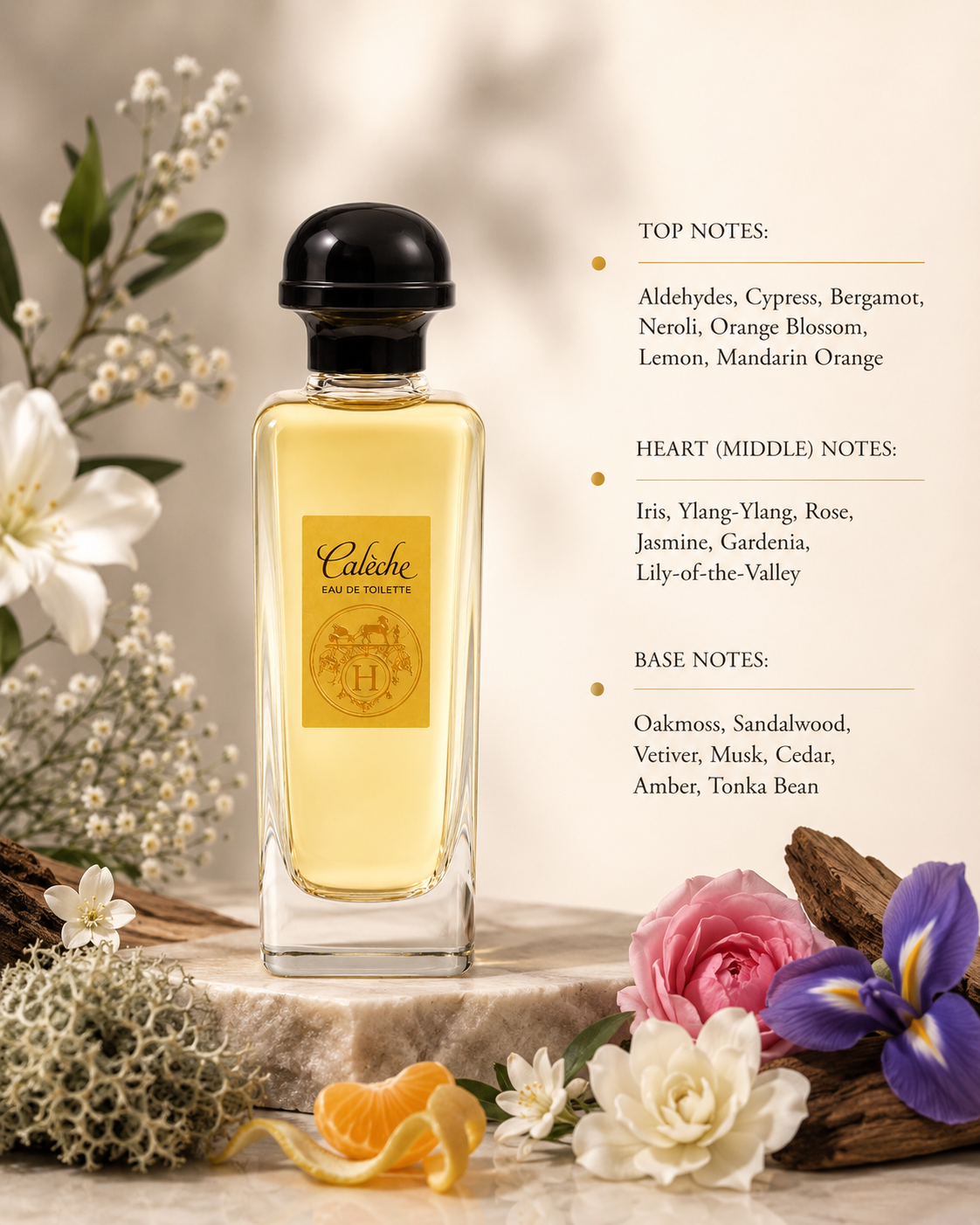Hermès Calèche 100ml Eau de Toilette for Women displayed with bergamot, lemon, orange blossom, iris, rose, jasmine, oakmoss, sandalwood and vetiver, reflecting its timeless floral aldehydic fragrance.