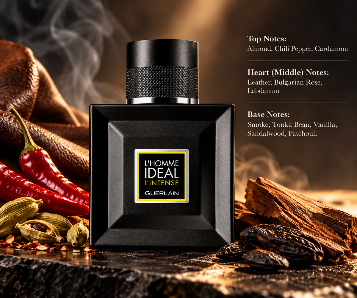 Guerlain L’Homme Idéal L’Intense men's perfume in an elegant black bottle, surrounded by red chili peppers, cardamom, leather, smoky woods and tonka beans. A luxurious, warm composition highlighting its spicy, leathery and woody fragrance notes.