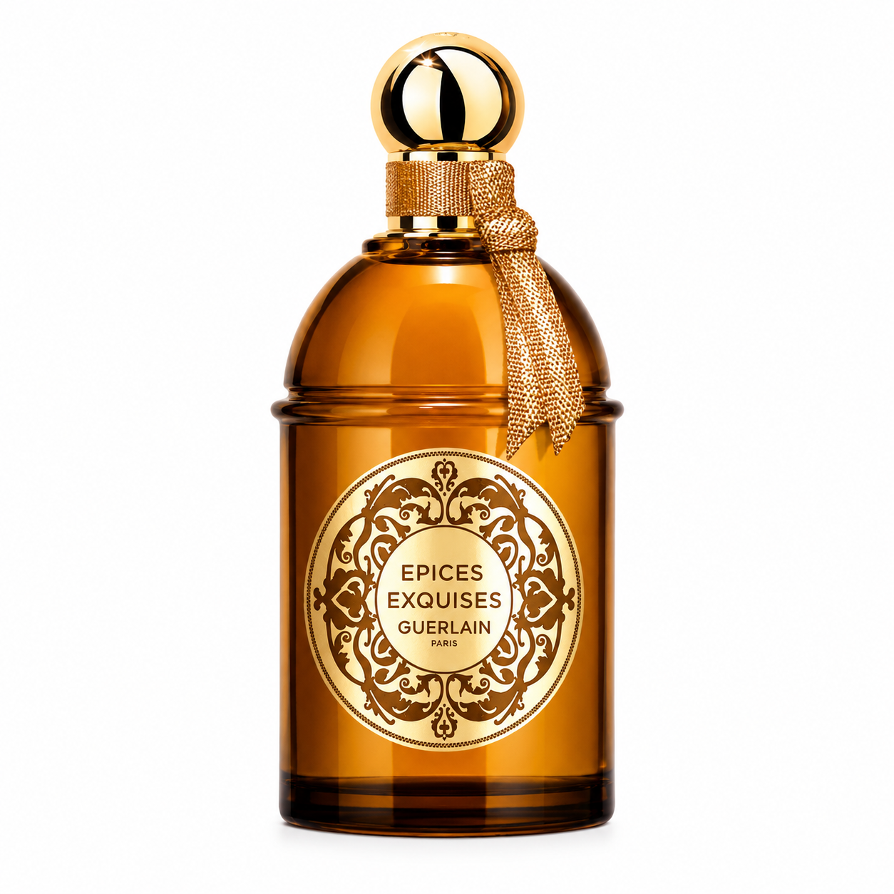 Guerlain Épices Exquises perfume bottle, front-facing and centered on pure white background. Preserve the exact amber bottle, ornate gold label, gold spherical cap, decorative gold cord, branding and proportions. Clean studio lighting, subtle shadow, sharp photorealistic luxury product photography.