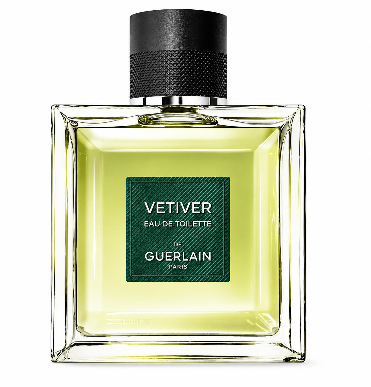 Guerlain Vetiver Eau de Toilette bottle, front-facing and centered on pure white background. Preserve the exact square glass bottle, yellow-green liquid, dark green label, black textured cap, silver collar, branding and proportions. Clean studio lighting, subtle shadow, sharp photorealistic product photography.