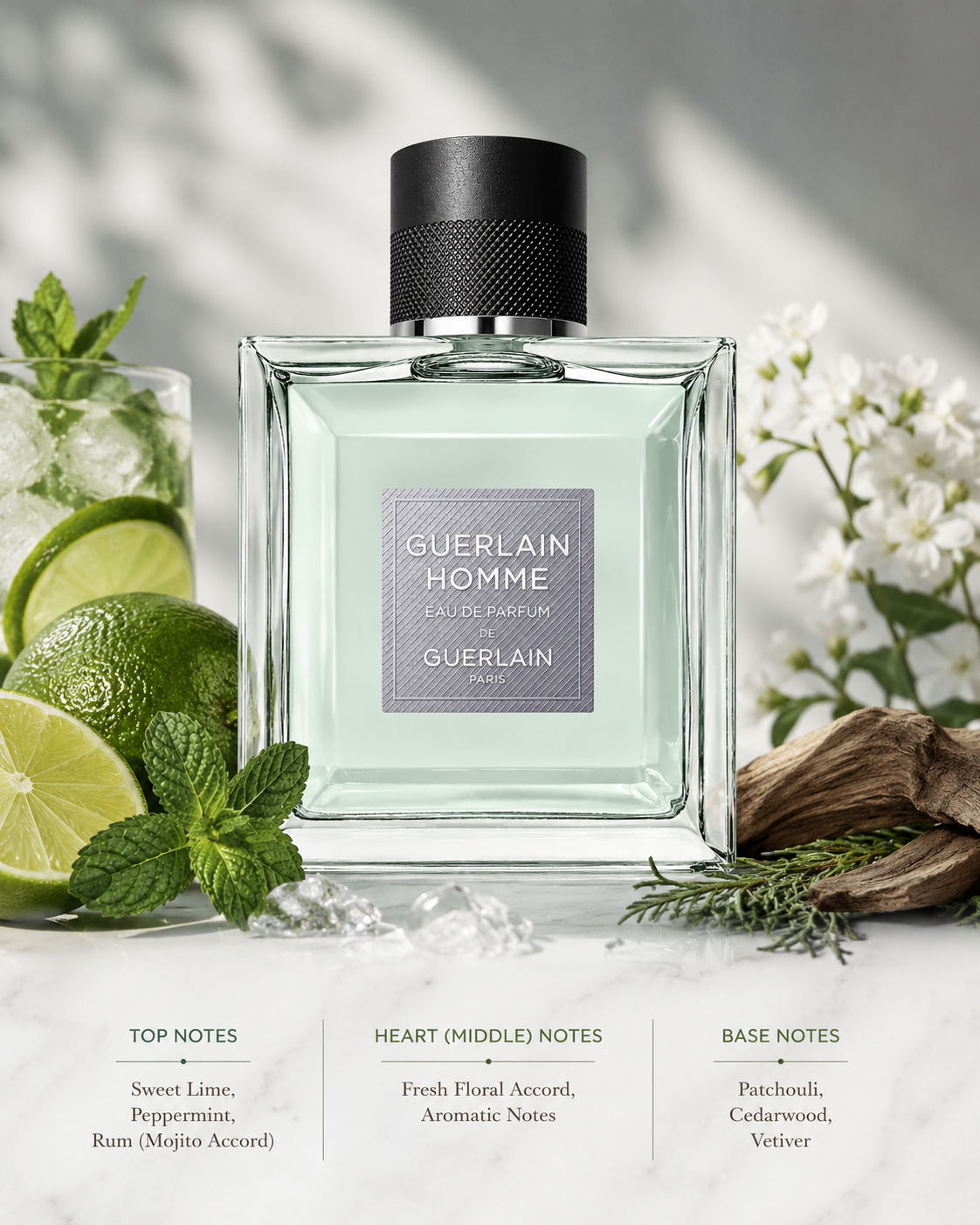 Guerlain Homme Eau de Parfum, exact original bottle and branding, in a fresh elegant setting. Style with lime, mint, mojito-inspired elements, fresh aromatic greenery, cedarwood, vetiver and patchouli. White, pale green and natural wood palette, soft sunlight, clean masculine luxury aesthetic, premium photorealistic fragrance photography.